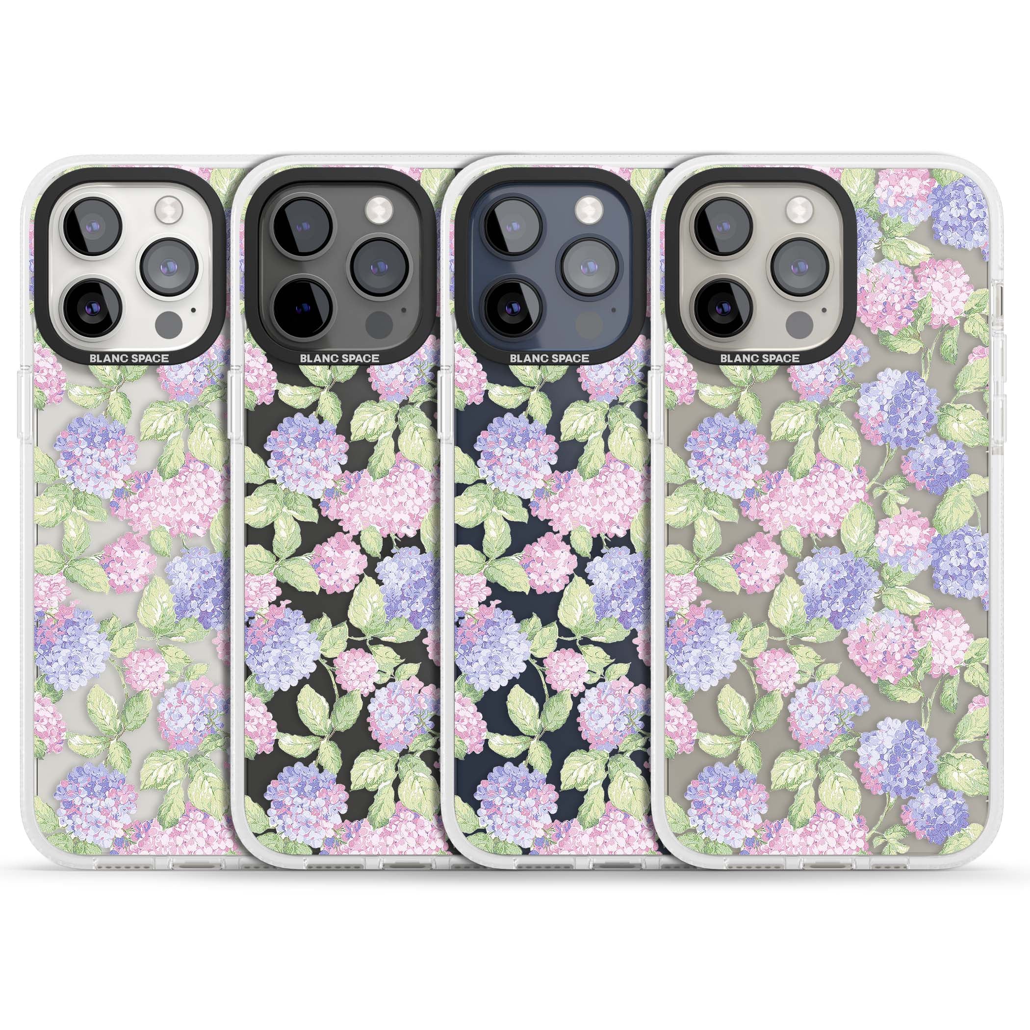 Cottage Hydrangea cottagecore iPhone case featuring pink and purple hydrangea blooms with green leaves on a clear background | Clear Case Impact Air case for iPhone 15 Pro, iPhone 15 Pro Max