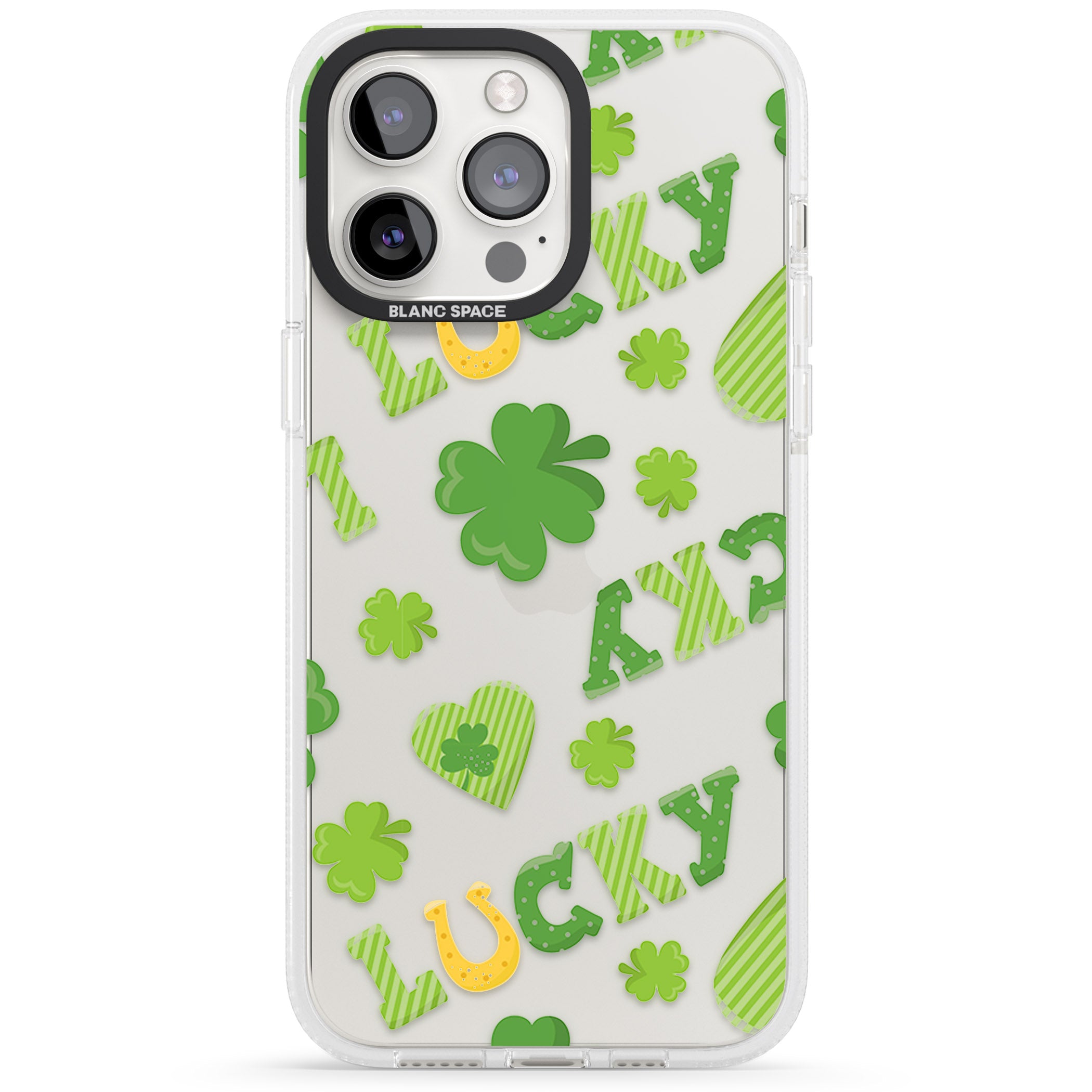 Lucky Irish Clover iPhone 15 Pro Max / 15 Pro / 14 Pro Max / 14 Pro / 13 Pro Clear Case Impact Air - Blanc Space