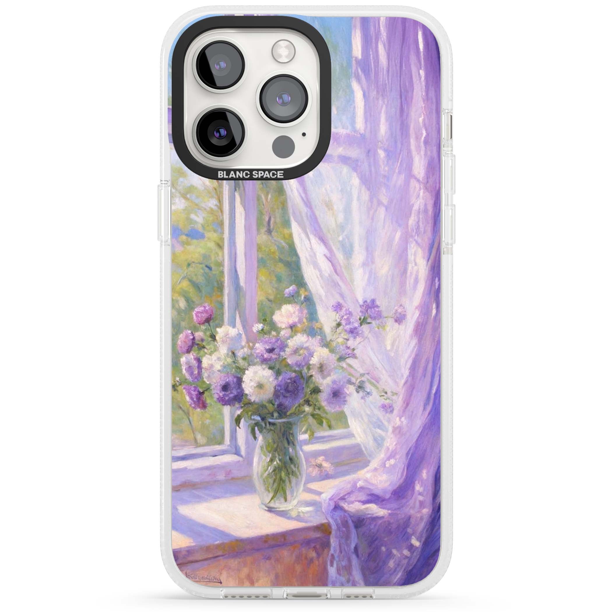 A Provence Morning impressionist art iPhone case featuring a vase of purple flowers, sunlit window and sheer curt | Clear Case Impact Air case for iPhone 15 Pro, iPhone 15 Pro Max