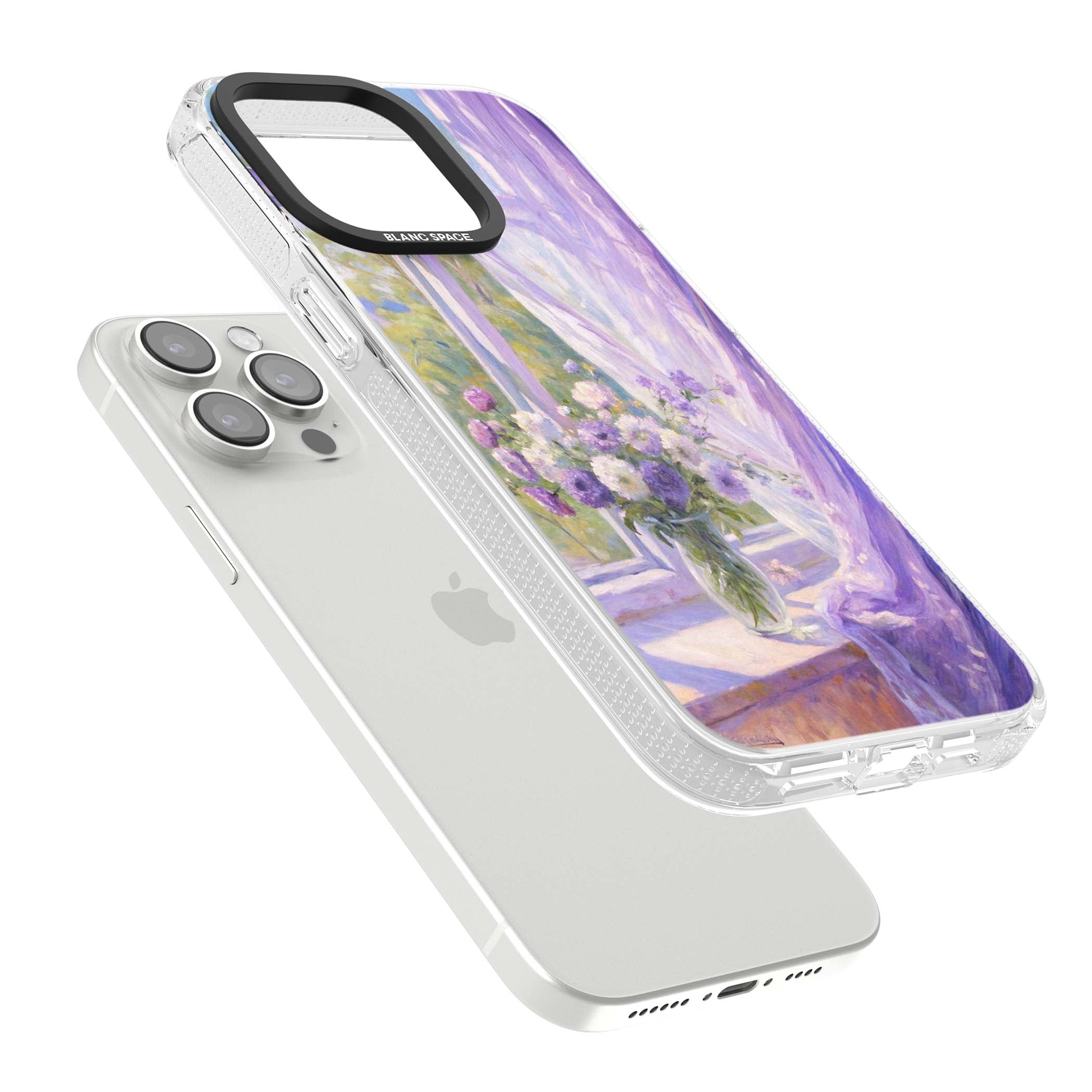 A Provence Morning impressionist art iPhone case featuring a vase of purple flowers, sunlit window and sheer curt | Clear Case Impact Air case for iPhone 15 Pro, iPhone 15 Pro Max