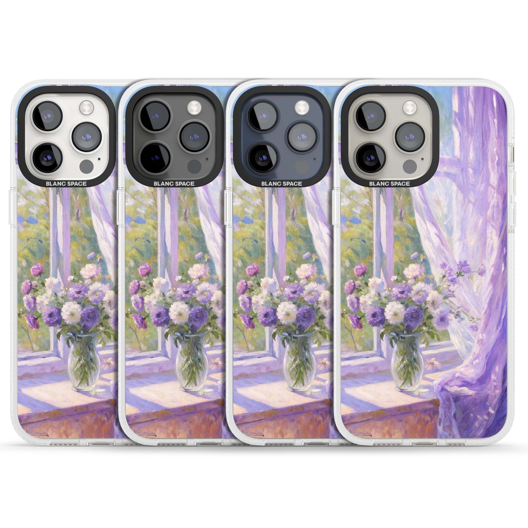 A Provence Morning impressionist art iPhone case featuring a vase of purple flowers, sunlit window and sheer curt | Clear Case Impact Air case for iPhone 15 Pro, iPhone 15 Pro Max