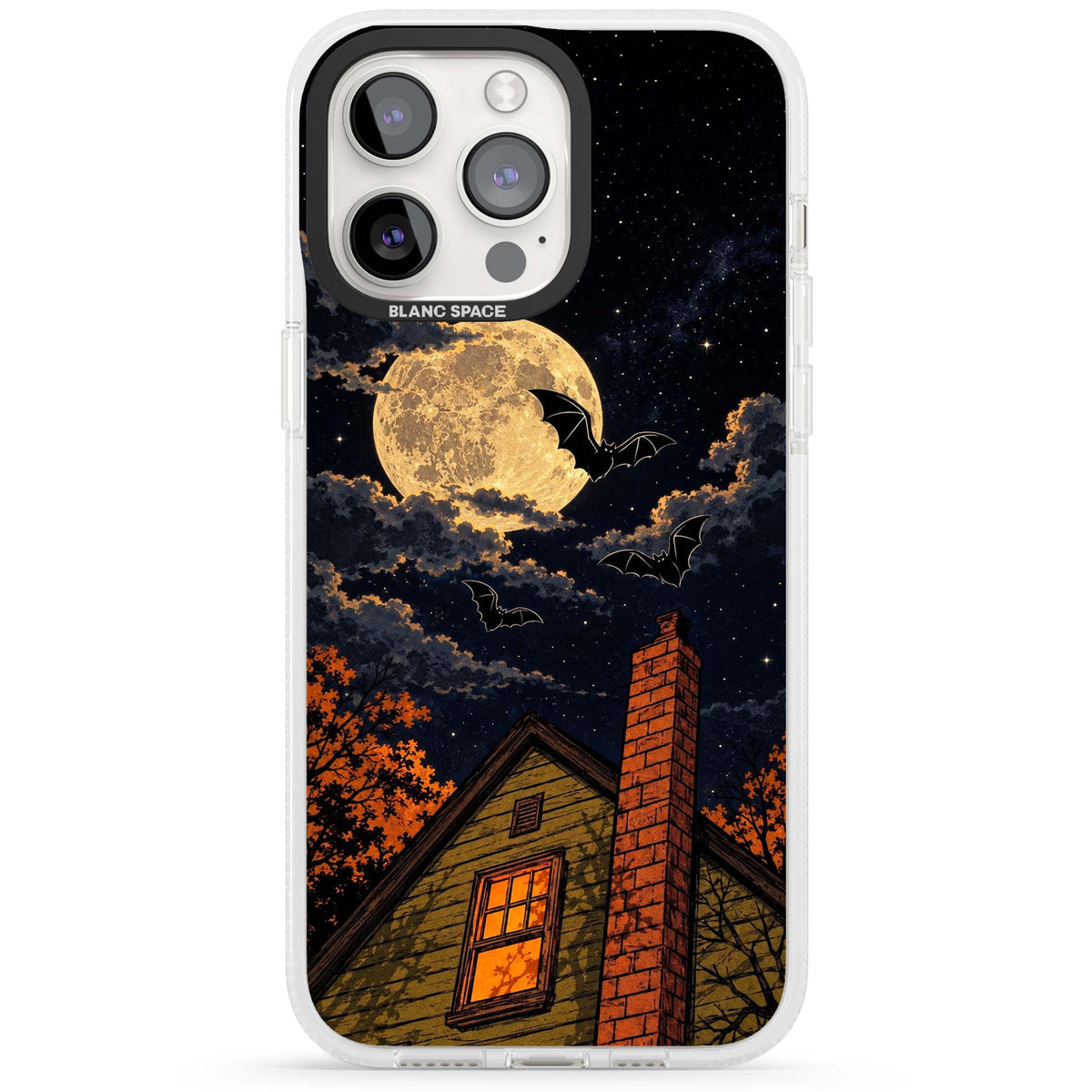 Hollows Eve Halloween iPhone case featuring a haunted house, full moon and flying bats against a starry autumn sky | Clear Case Impact Air case for iPhone 15 Pro, iPhone 15 Pro Max