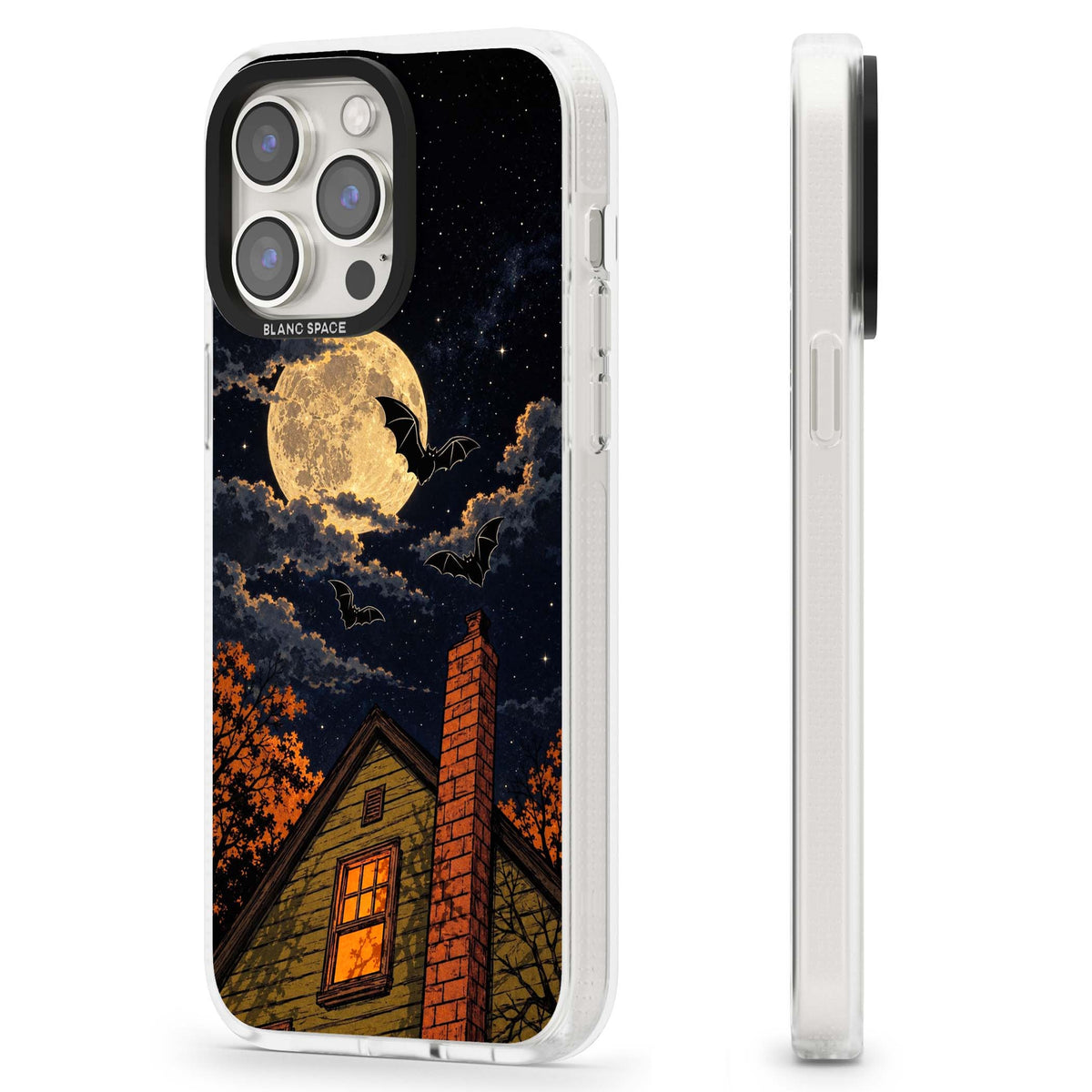 Hollows Eve Halloween iPhone case featuring a haunted house, full moon and flying bats against a starry autumn sky | Clear Case Impact Air case for iPhone 15 Pro, iPhone 15 Pro Max