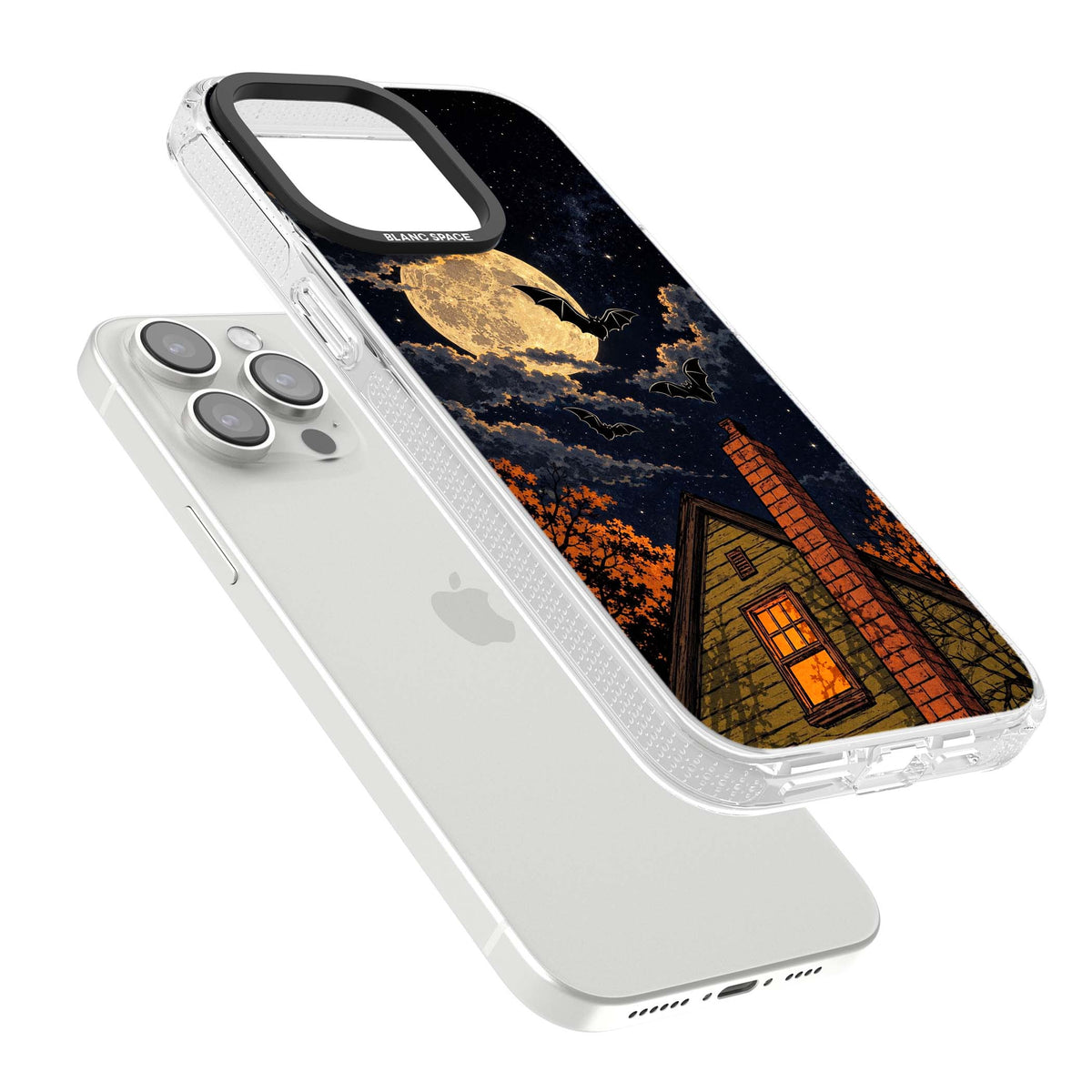 Hollows Eve Halloween iPhone case featuring a haunted house, full moon and flying bats against a starry autumn sky | Clear Case Impact Air case for iPhone 15 Pro, iPhone 15 Pro Max