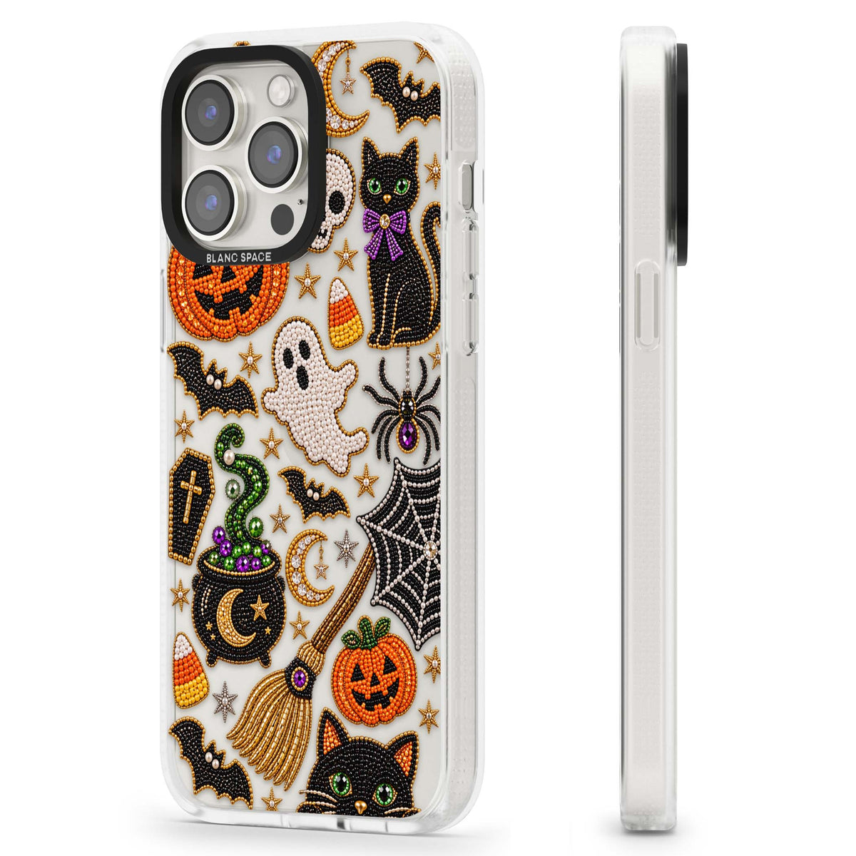 Beaded Halloween Halloween iPhone case featuring beaded pumpkins, ghosts, black cats and bats | Clear Case Impact Air case for iPhone 15 Pro, iPhone 15 Pro Max