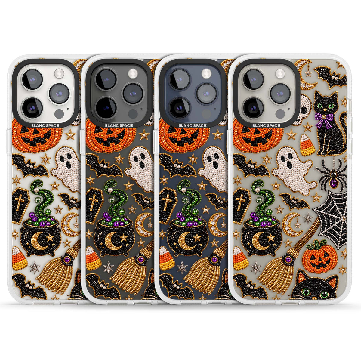 Beaded Halloween Halloween iPhone case featuring beaded pumpkins, ghosts, black cats and bats | Clear Case Impact Air case for iPhone 15 Pro, iPhone 15 Pro Max