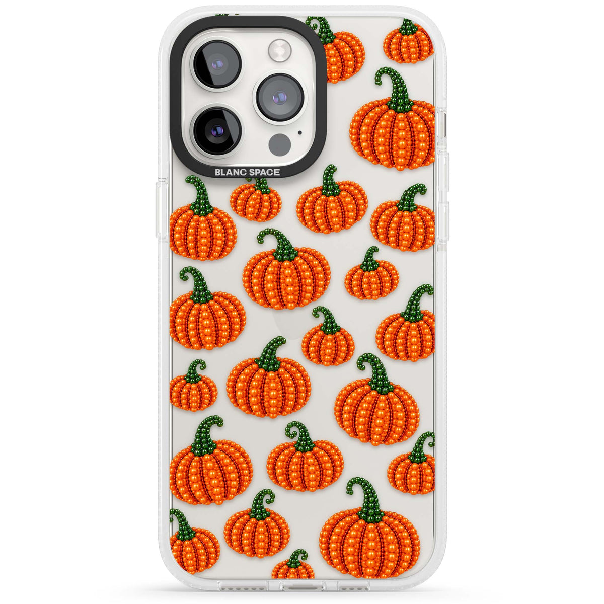 Beaded Pumpkins halloween iPhone case featuring beaded orange pumpkins with green stems on a clear background | Clear Case Impact Air case for iPhone 15 Pro, iPhone 15 Pro Max