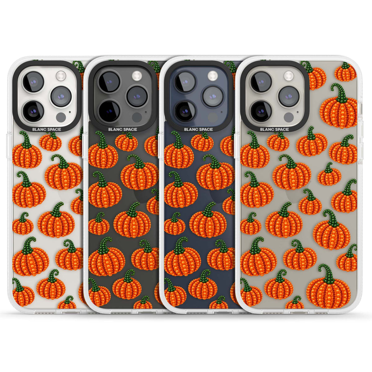 Beaded Pumpkins halloween iPhone case featuring beaded orange pumpkins with green stems on a clear background | Clear Case Impact Air case for iPhone 15 Pro, iPhone 15 Pro Max
