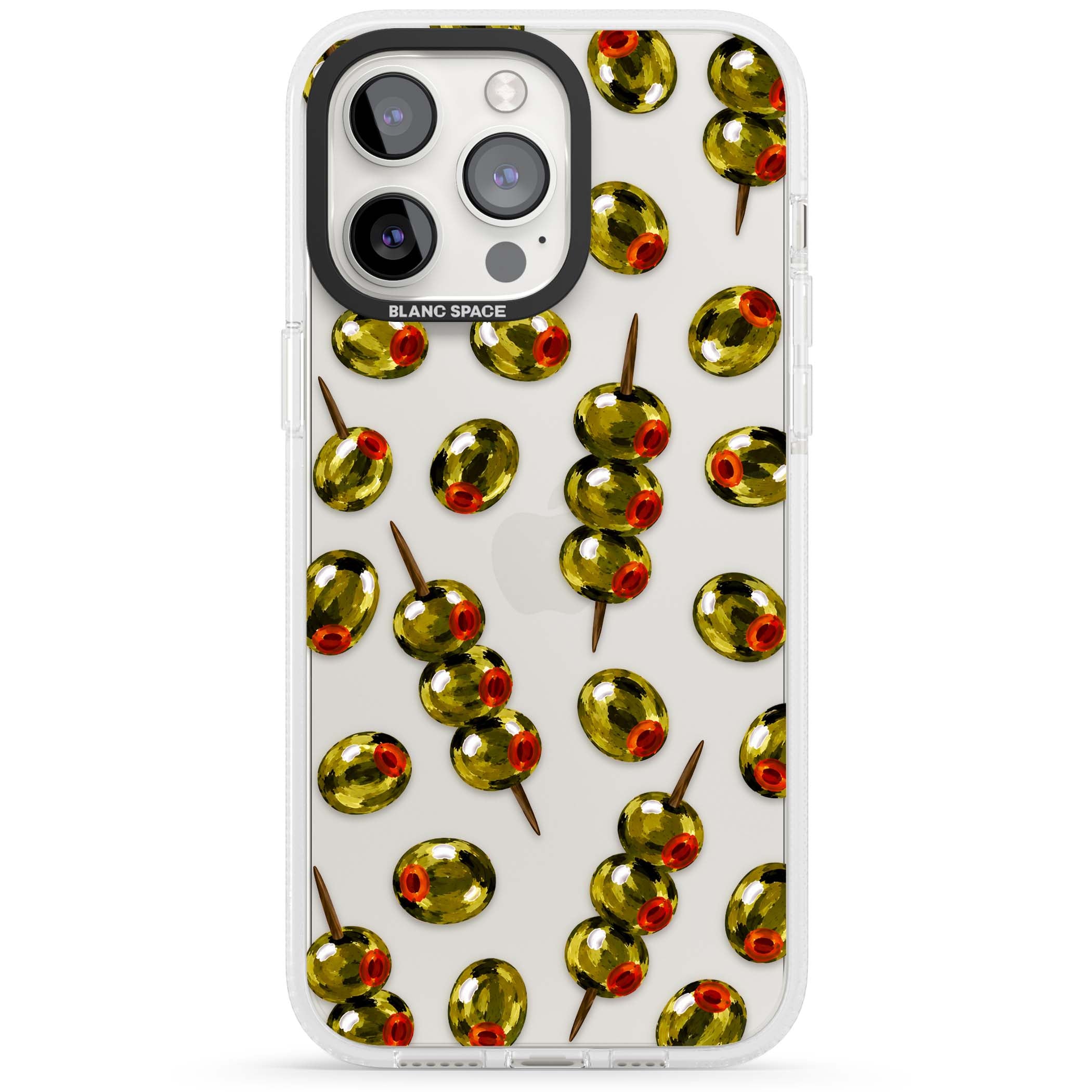 Painted Olives cocktail iPhone case featuring green olives, pimento centres and toothpick skewers on a clear background | Clear Case Impact Air case for iPhone 15 Pro, iPhone 15 Pro Max