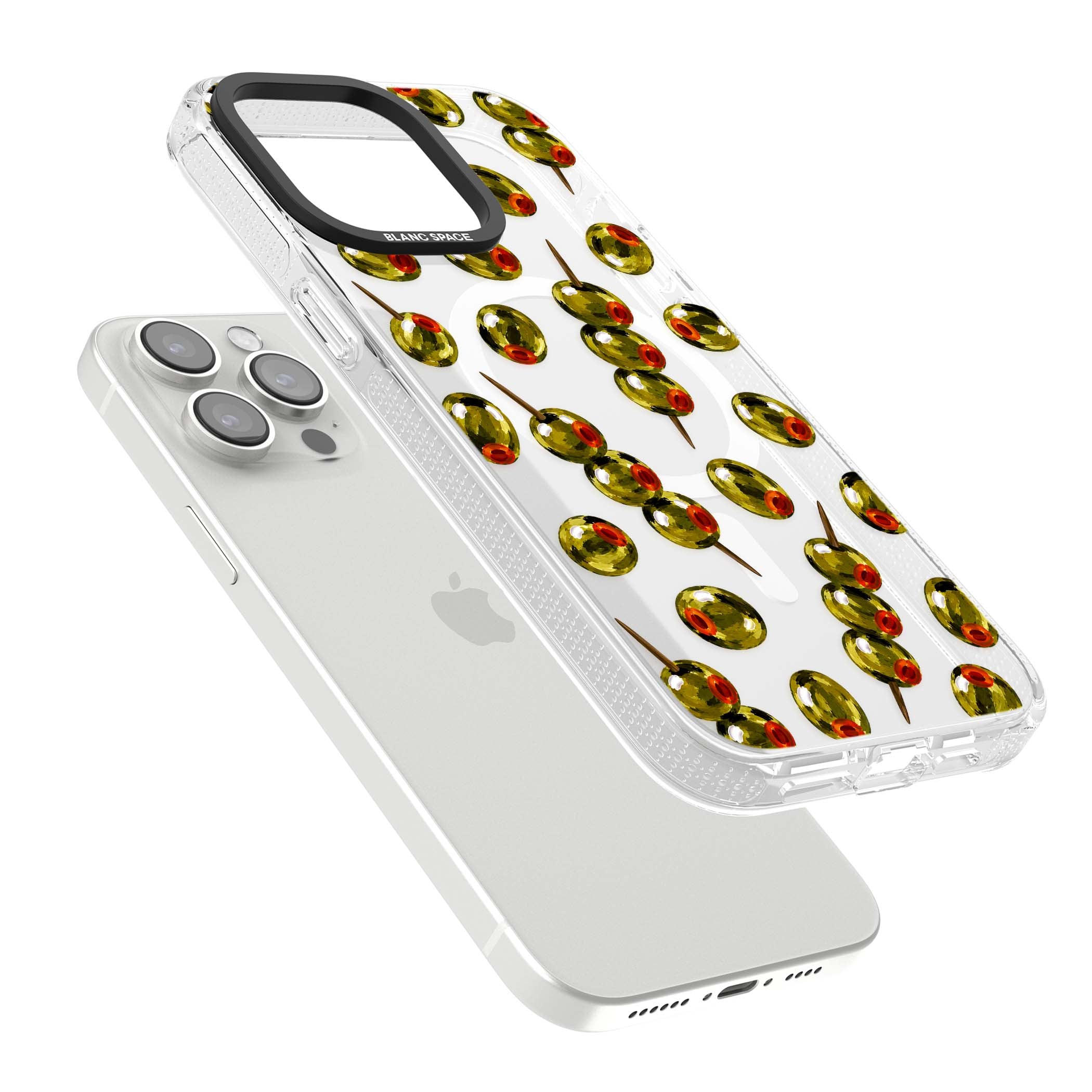 Painted Olives cocktail iPhone case featuring green olives, pimento centres and toothpick skewers on a clear background | Clear Case Impact Air case for iPhone 15 Pro, iPhone 15 Pro Max