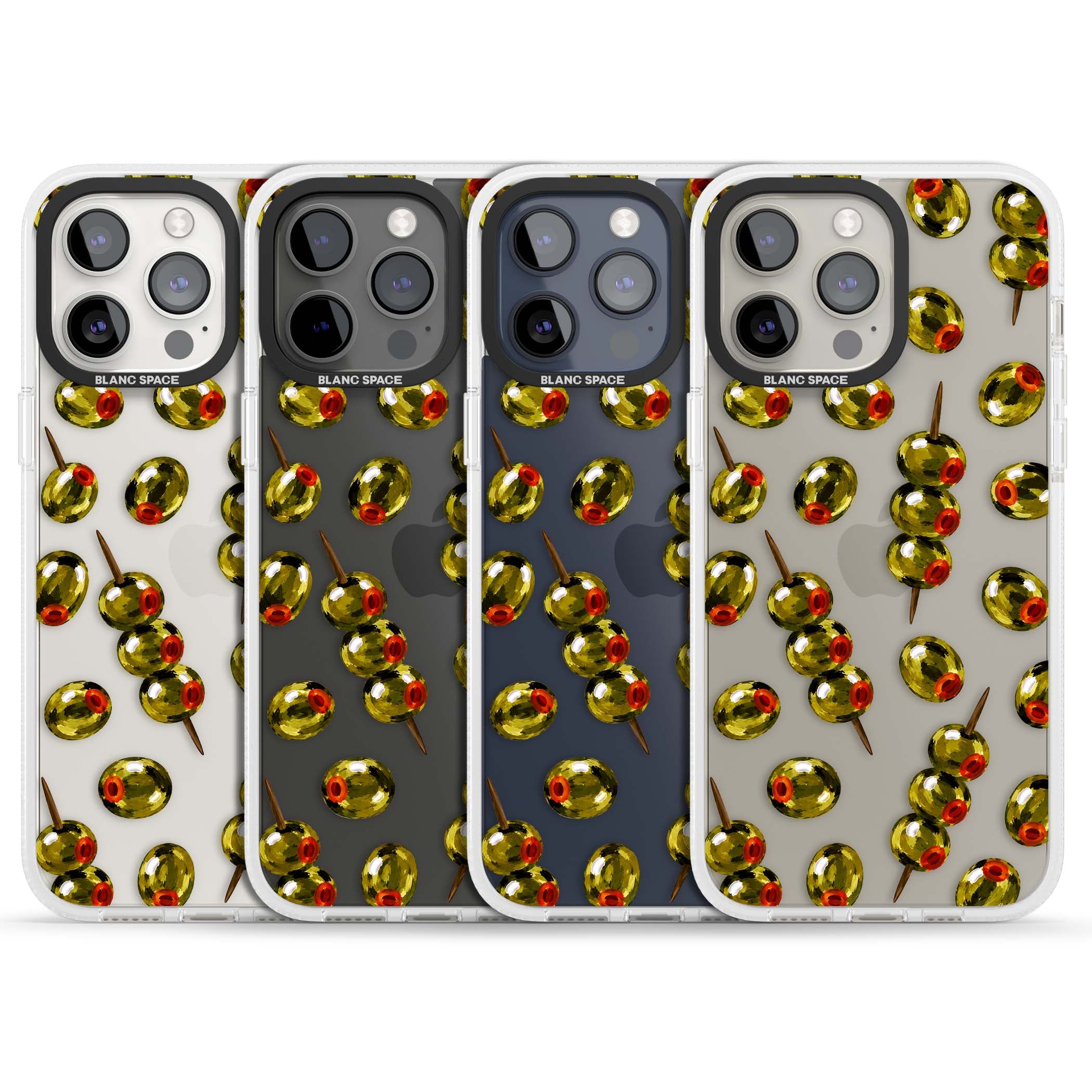 Painted Olives cocktail iPhone case featuring green olives, pimento centres and toothpick skewers on a clear background | Clear Case Impact Air case for iPhone 15 Pro, iPhone 15 Pro Max