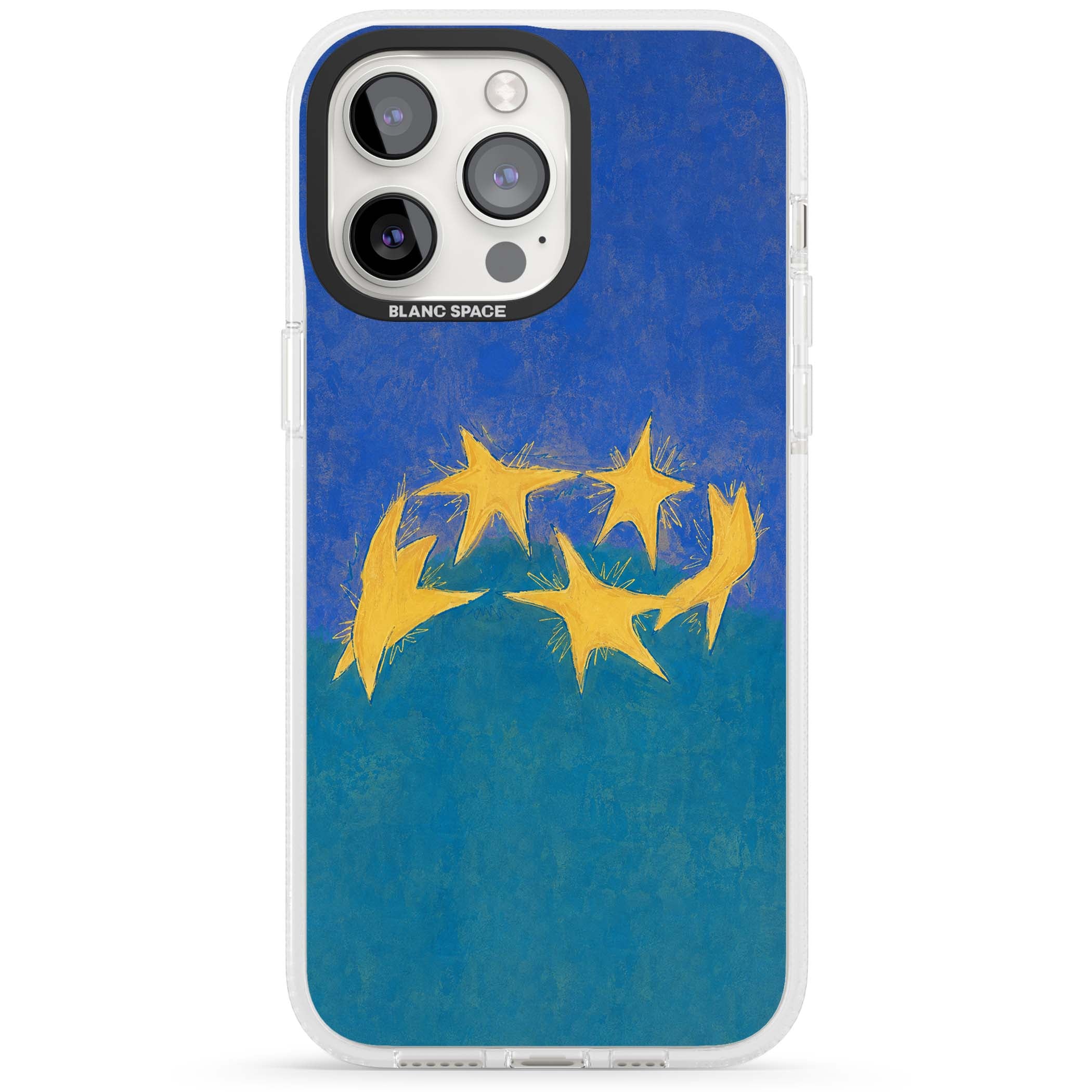 Star Boogie stars aesthetic iPhone case featuring five yellow hand-painted stars on cobalt blue and teal | Clear Case Impact Air case for iPhone 15 Pro, iPhone 15 Pro Max