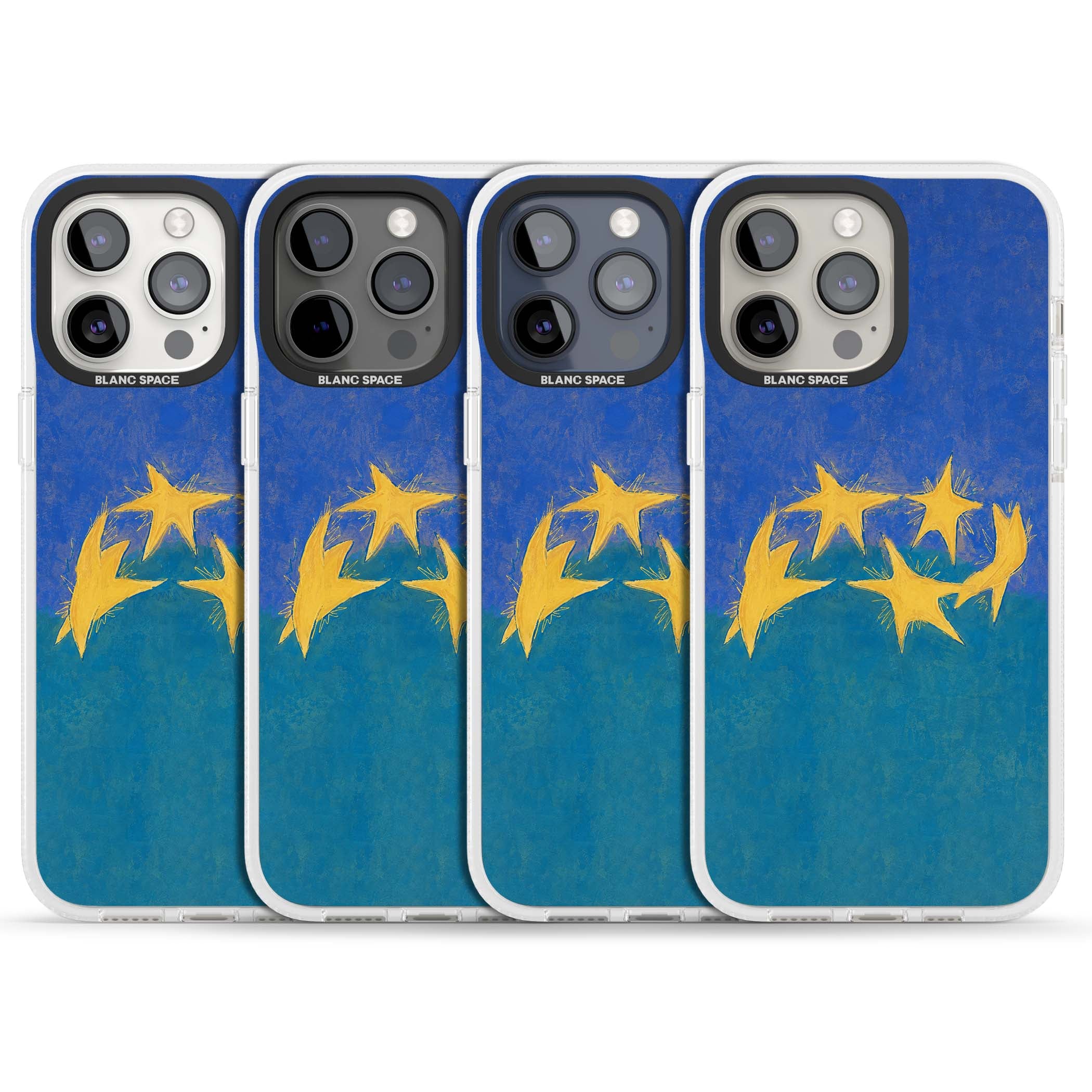 Star Boogie stars aesthetic iPhone case featuring five yellow hand-painted stars on cobalt blue and teal | Clear Case Impact Air case for iPhone 15 Pro, iPhone 15 Pro Max
