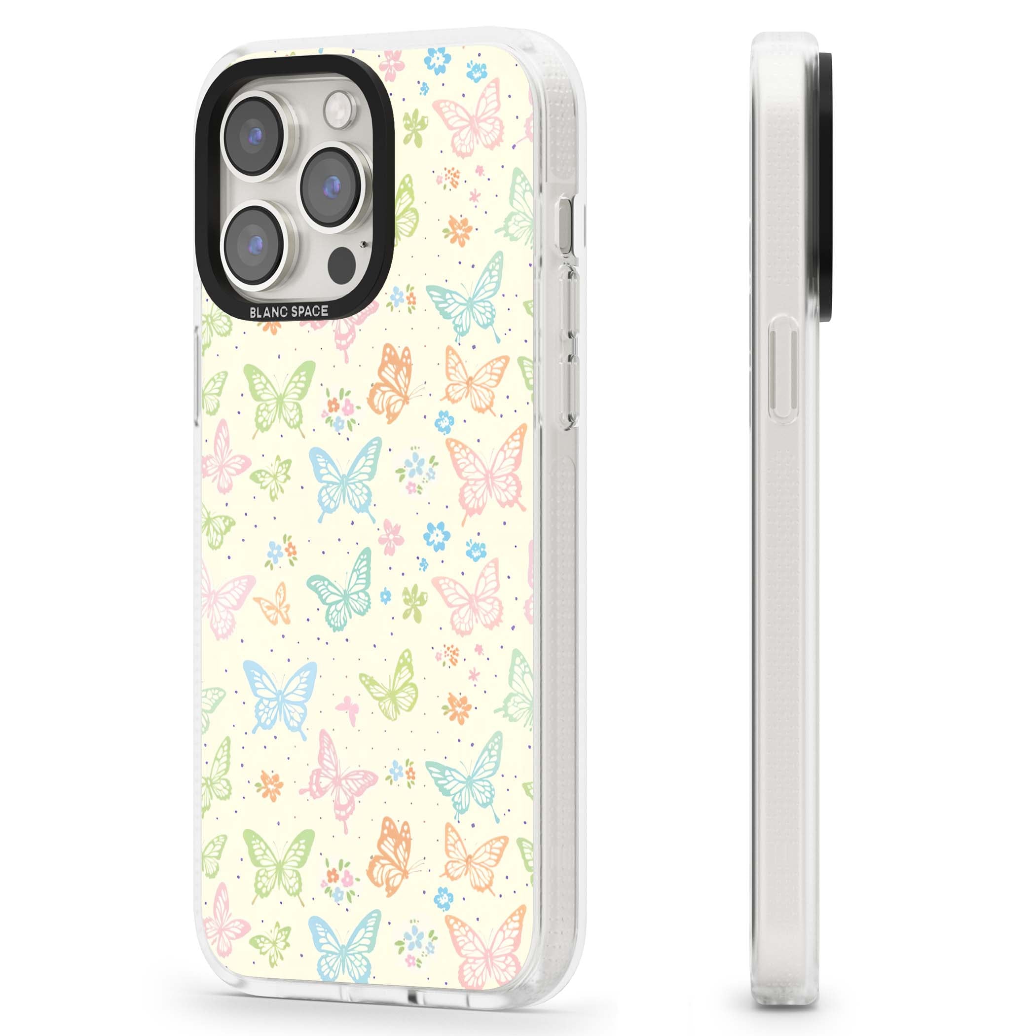 Sugar Wings cottagecore iPhone case featuring rainbow pastel butterflies, tiny wildflowers, and a cream background | Clear Case Impact Air case for iPhone 15 Pro, iPhone 15 Pro Max