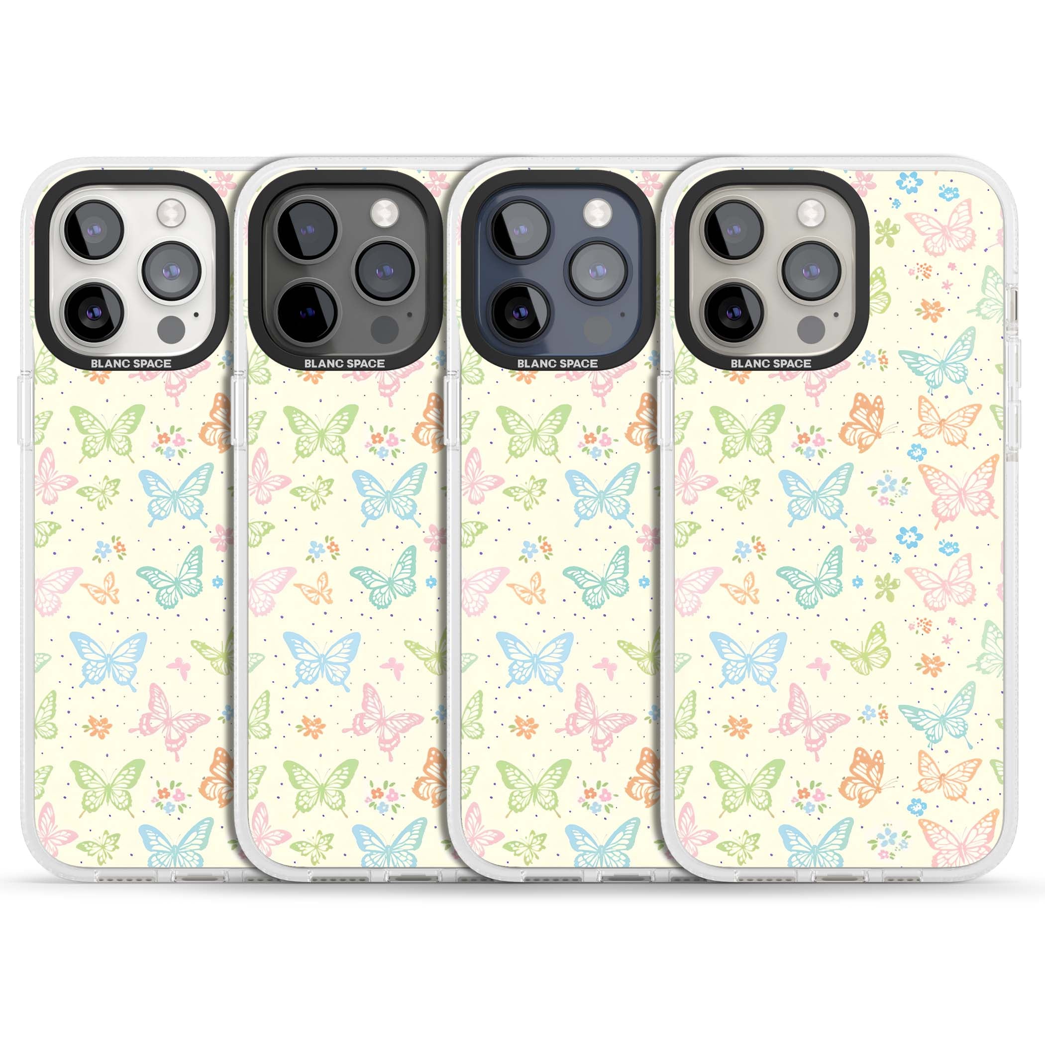 Sugar Wings cottagecore iPhone case featuring rainbow pastel butterflies, tiny wildflowers, and a cream background | Clear Case Impact Air case for iPhone 15 Pro, iPhone 15 Pro Max