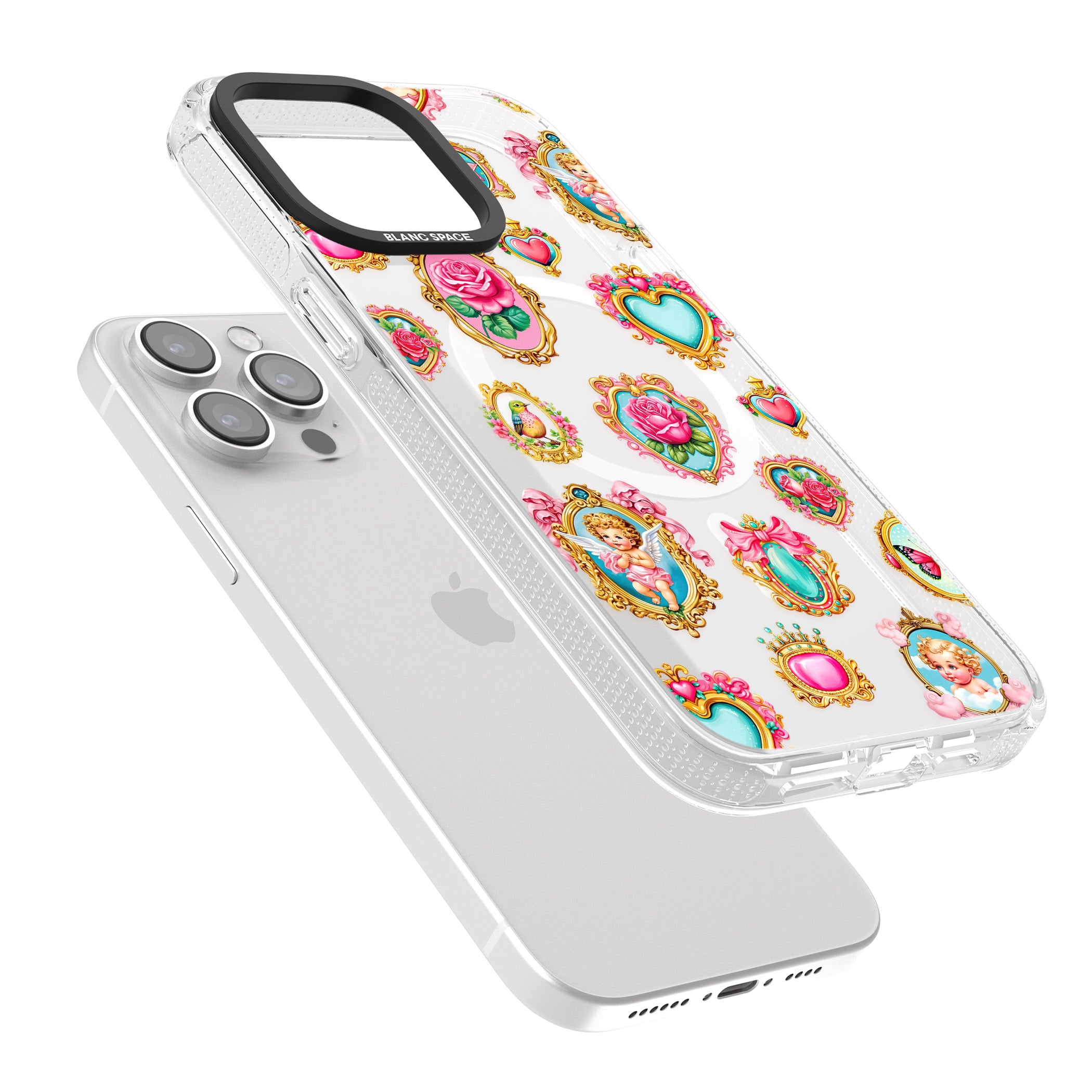 Angelcore Hearts & Frames iPhone 15 Pro Max / 15 Pro / 14 Pro Max / 14 Pro / 13 Pro Clear Case Impact Air - Blanc Space