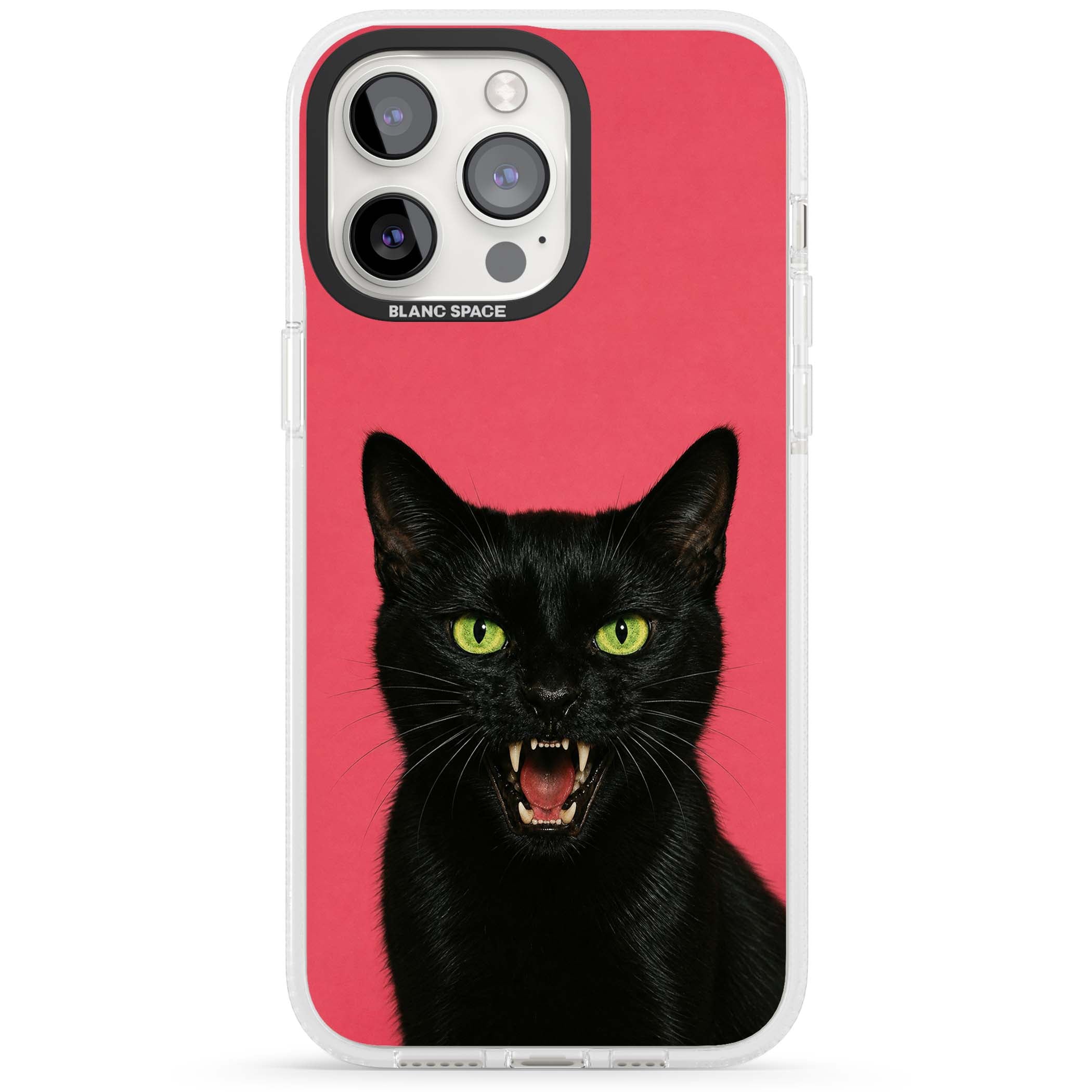 Hissin' Baddie black cat iPhone case featuring a hissing feline with green eyes on a hot pink background | Clear Case Impact Air case for iPhone 15 Pro, iPhone 15 Pro Max