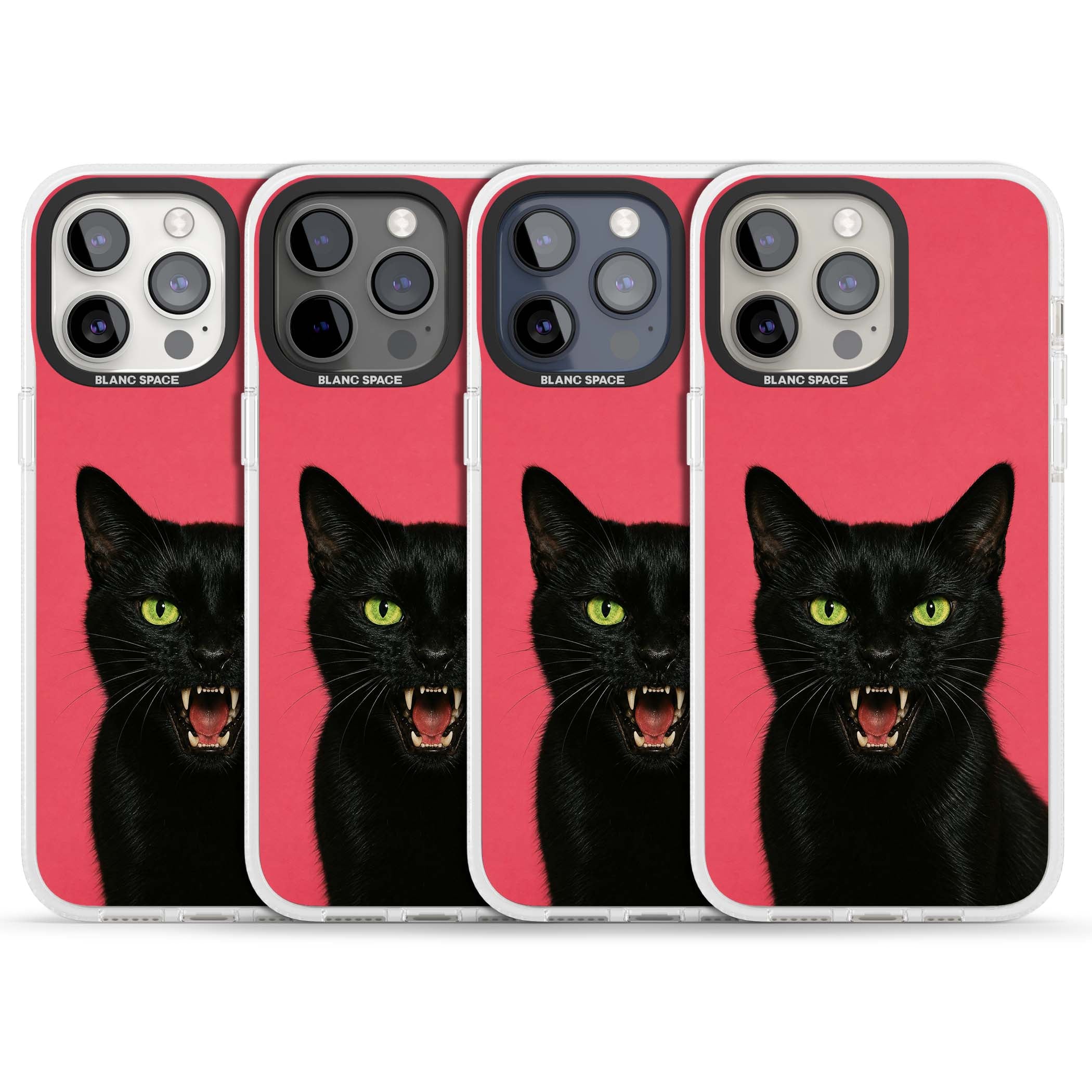 Hissin' Baddie black cat iPhone case featuring a hissing feline with green eyes on a hot pink background | Clear Case Impact Air case for iPhone 15 Pro, iPhone 15 Pro Max