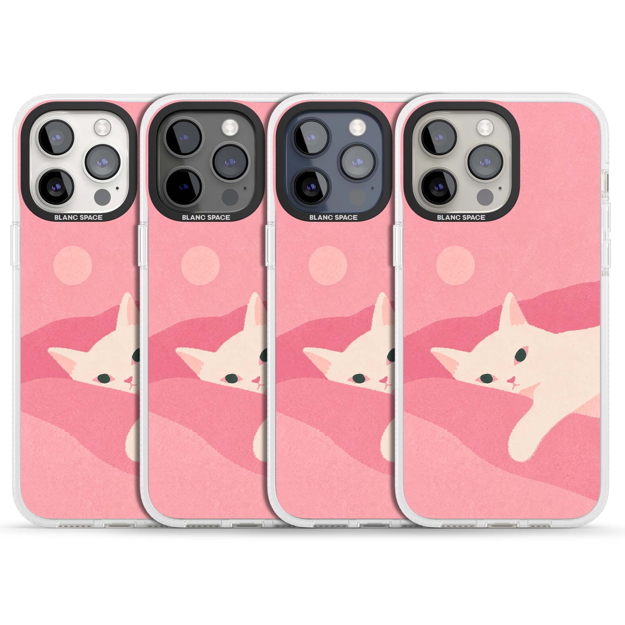 Pink Dreams cute cat iPhone case featuring a white kitten, soft pink hills and a pale pastel sun | Clear Case Impact Air case for iPhone 15 Pro, iPhone 15 Pro Max