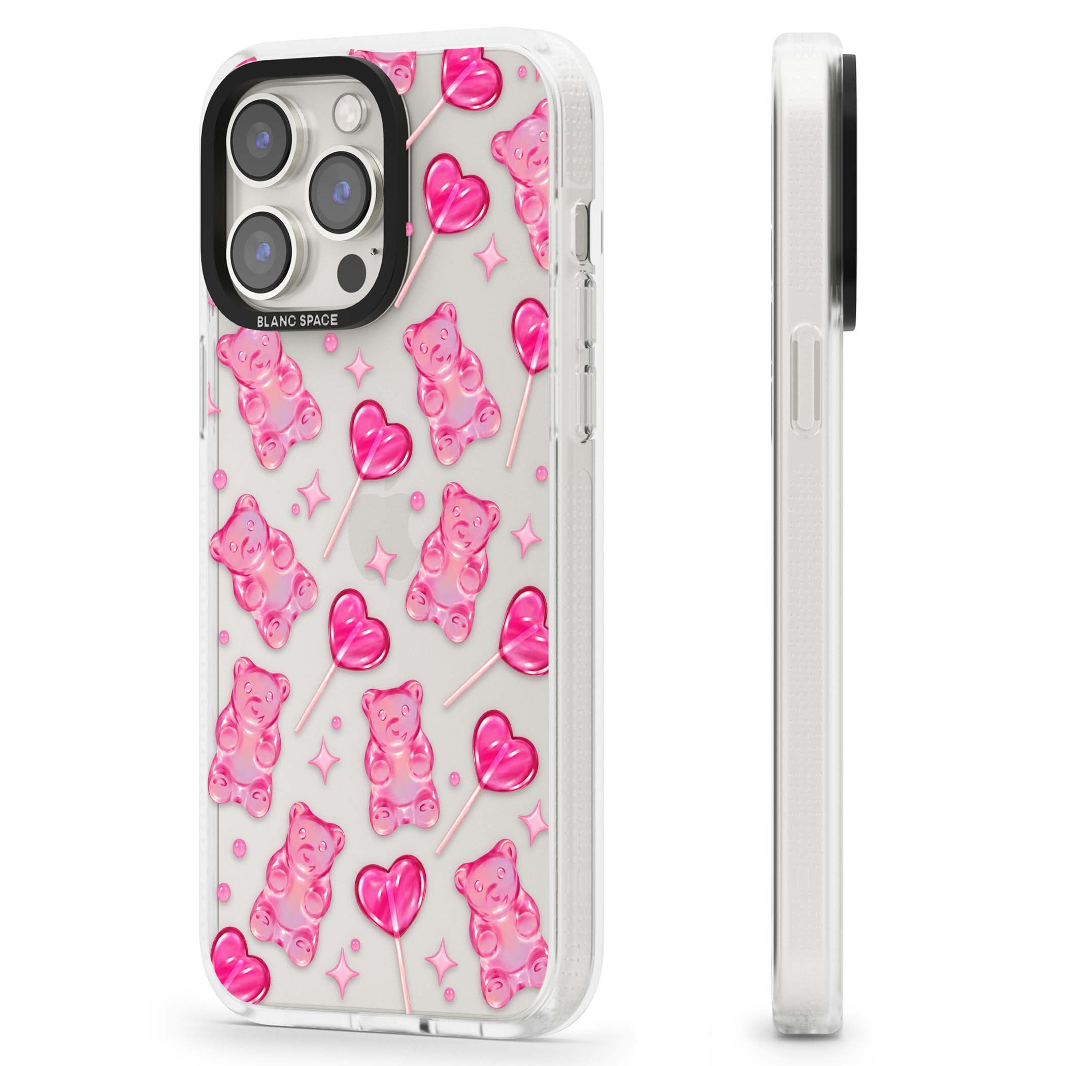 Pink Sugar pinkcore iPhone case featuring pink gummy bears, heart-shaped lollipops and sparkle stars | Clear Case Impact Air case for iPhone 15 Pro, iPhone 15 Pro Max