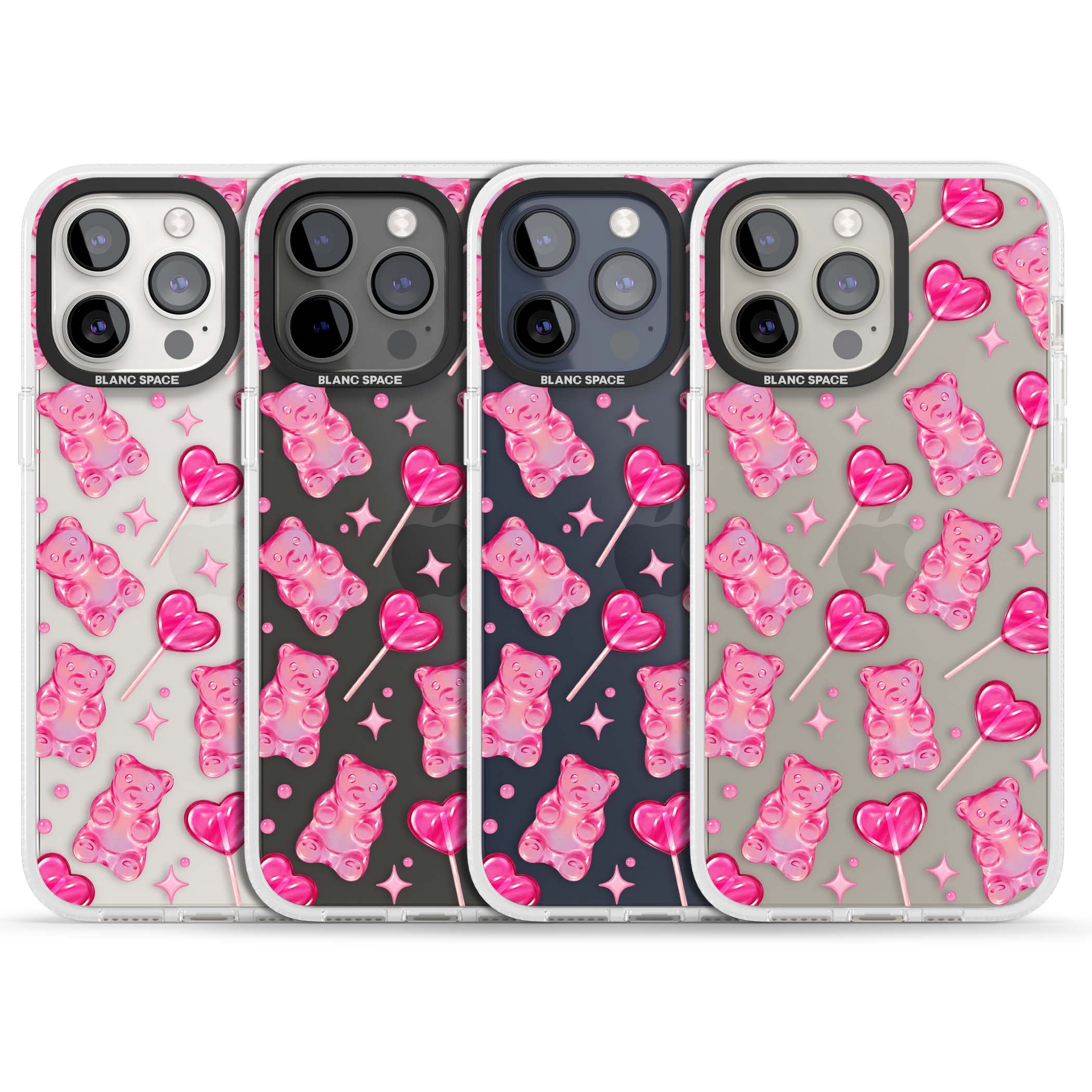 Pink Sugar pinkcore iPhone case featuring pink gummy bears, heart-shaped lollipops and sparkle stars | Clear Case Impact Air case for iPhone 15 Pro, iPhone 15 Pro Max