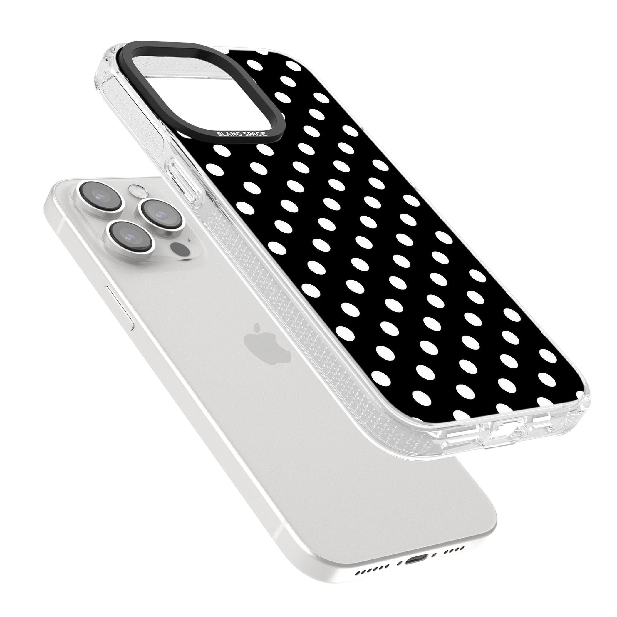 Designer Chic Black Polka Dot iPhone 15 Pro Max / 15 Pro / 14 Pro Max / 14 Pro / 13 Pro Clear Case Impact Air - Blanc Space