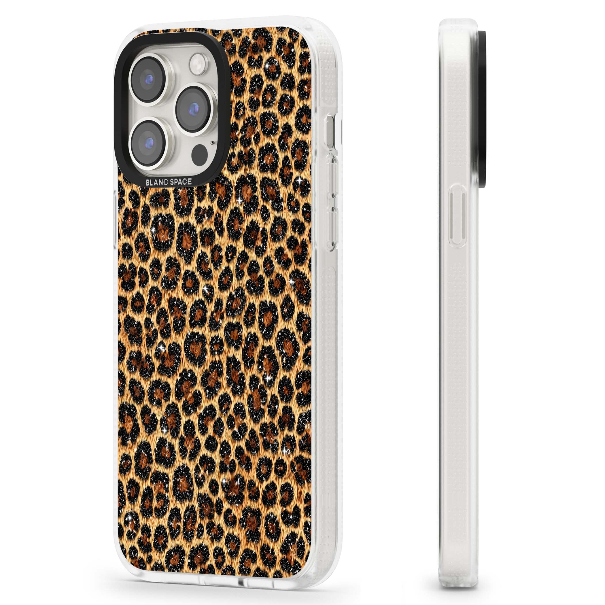 Diamond Leopard leopard print iPhone case featuring golden tan fur, black rosette spots and subtle glitter sparkle | Clear Case Impact Air case for iPhone 15 Pro, iPhone 15 Pro Max