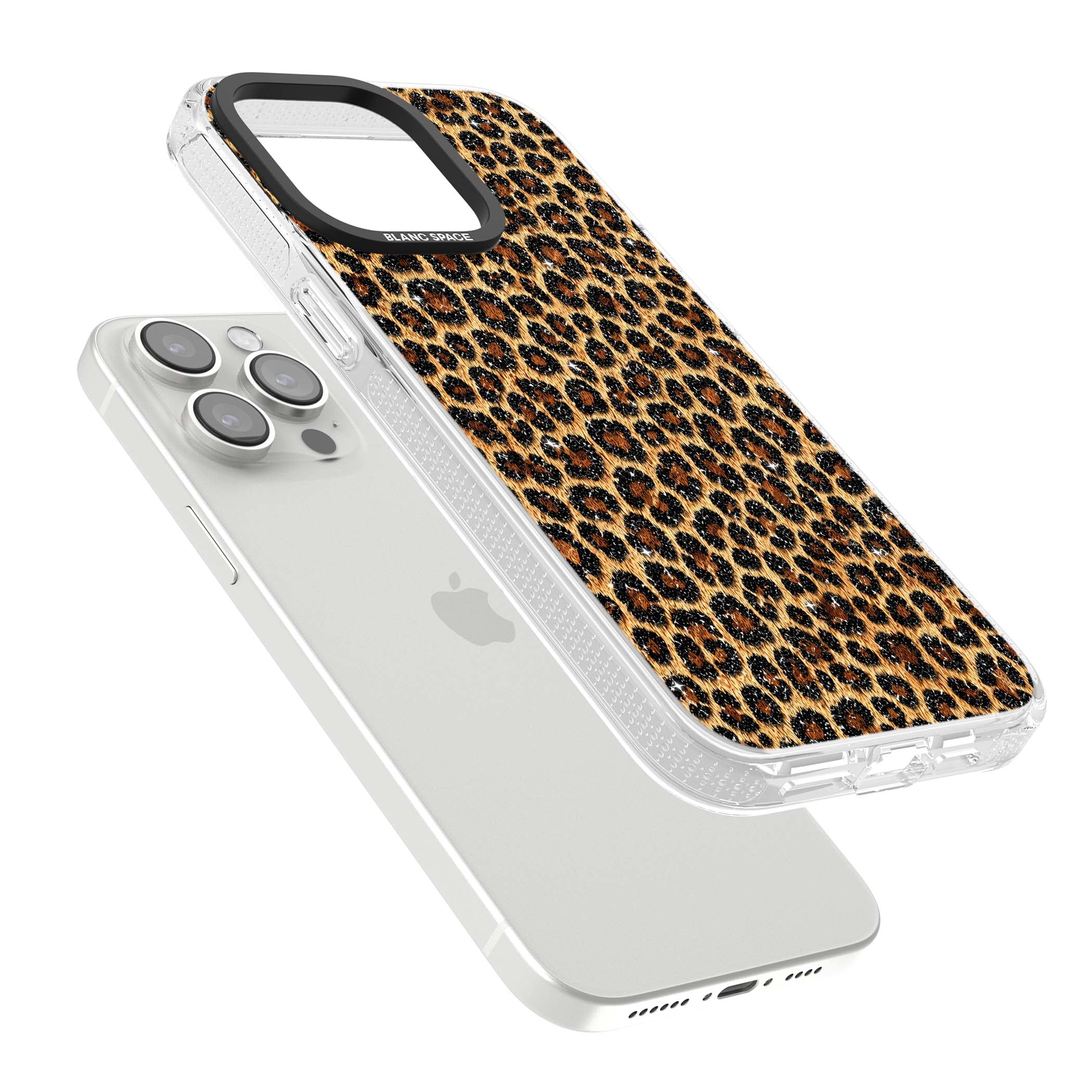 Diamond Leopard leopard print iPhone case featuring golden tan fur, black rosette spots and subtle glitter sparkle | Clear Case Impact Air case for iPhone 15 Pro, iPhone 15 Pro Max