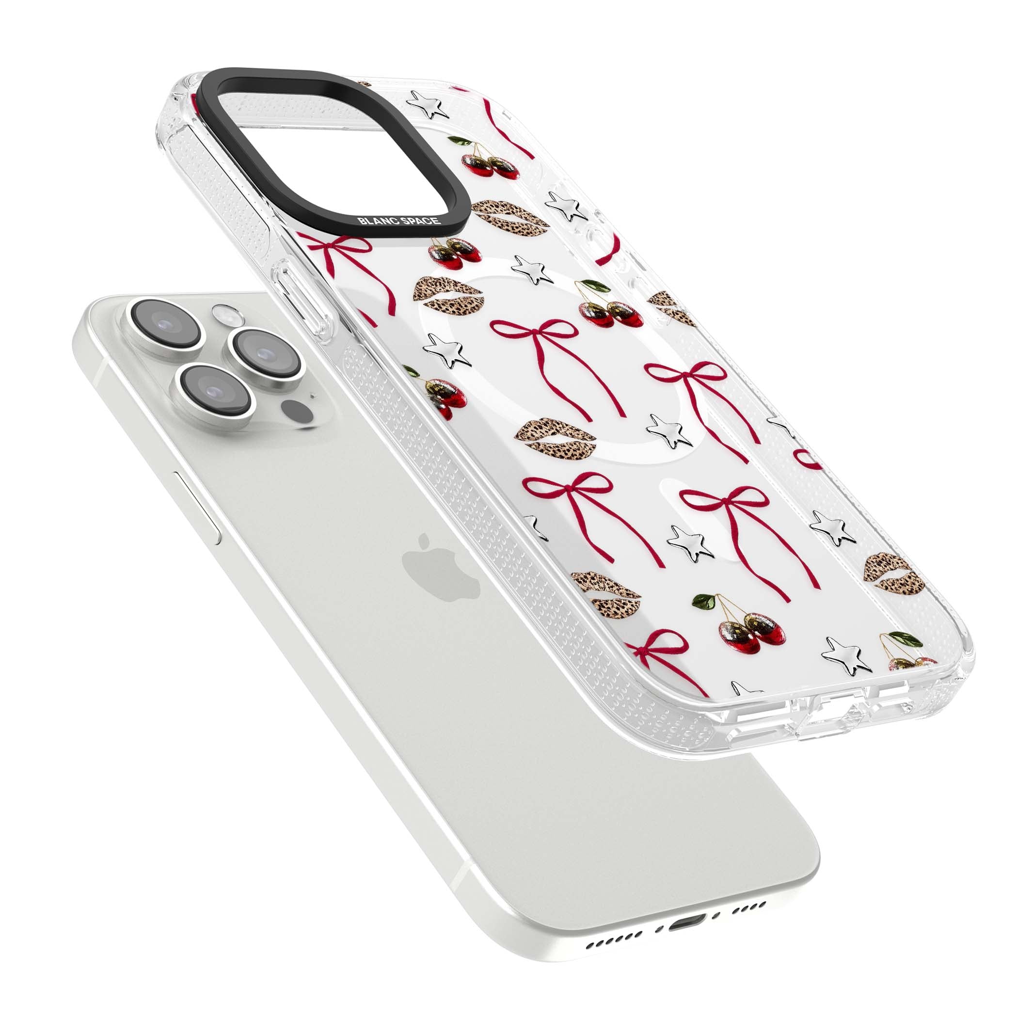 Starlet coquette iPhone case featuring red ribbon bows, disco cherries and leopard-print lips | Clear Case Impact Air case for iPhone 15 Pro, iPhone 15 Pro Max
