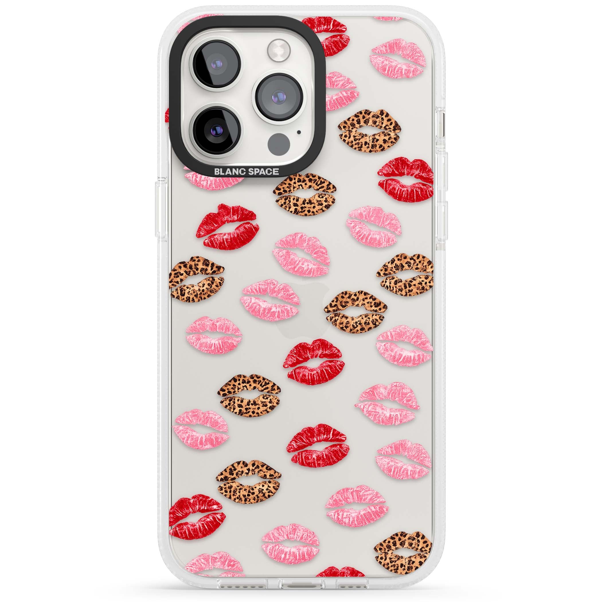 Wild Kisses coquette iPhone case featuring red, pink and leopard print lipstick kiss marks on a clear background | Clear Case Impact Air case for iPhone 15 Pro, iPhone 15 Pro Max