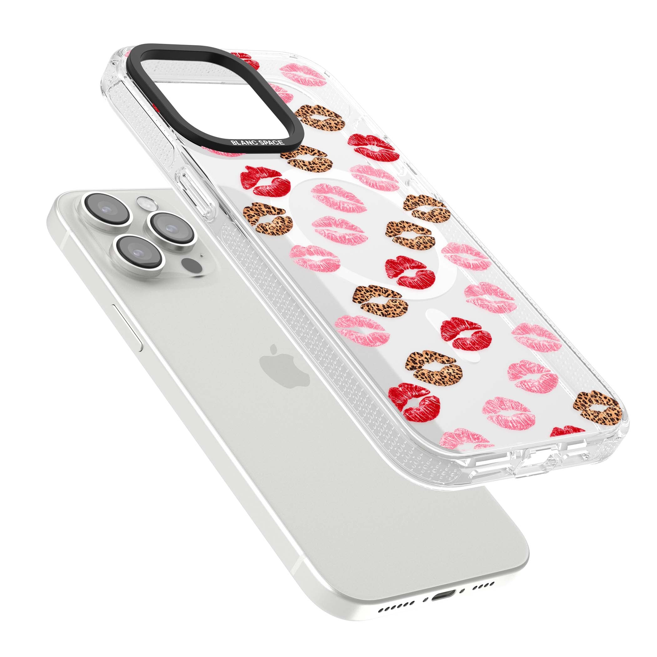 Wild Kisses coquette iPhone case featuring red, pink and leopard print lipstick kiss marks on a clear background | Clear Case Impact Air case for iPhone 15 Pro, iPhone 15 Pro Max