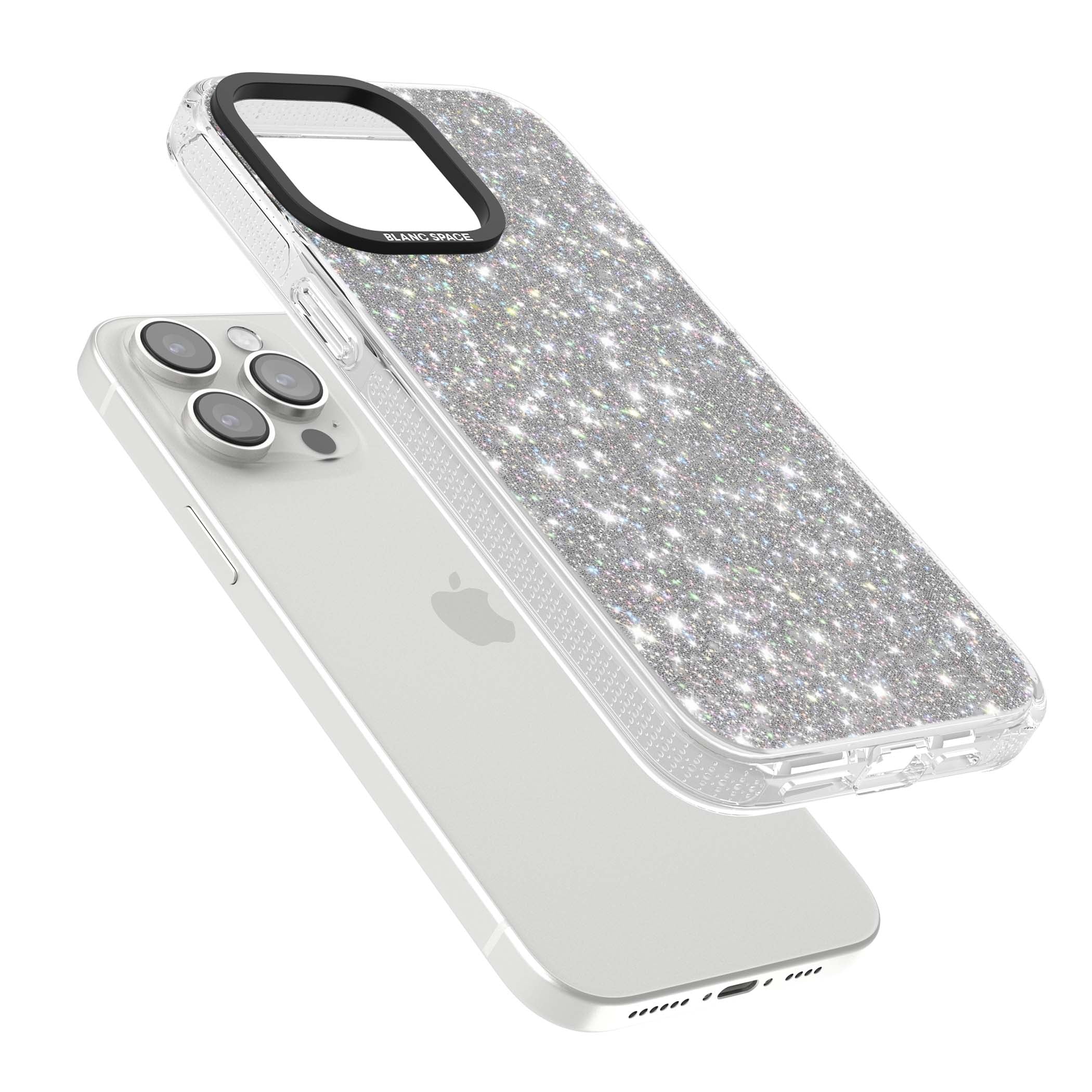 Diamond glam iPhone case featuring silver glitter sparkle and shimmering diamond dust effect | Clear Case Impact Air case for iPhone 15 Pro, iPhone 15 Pro Max