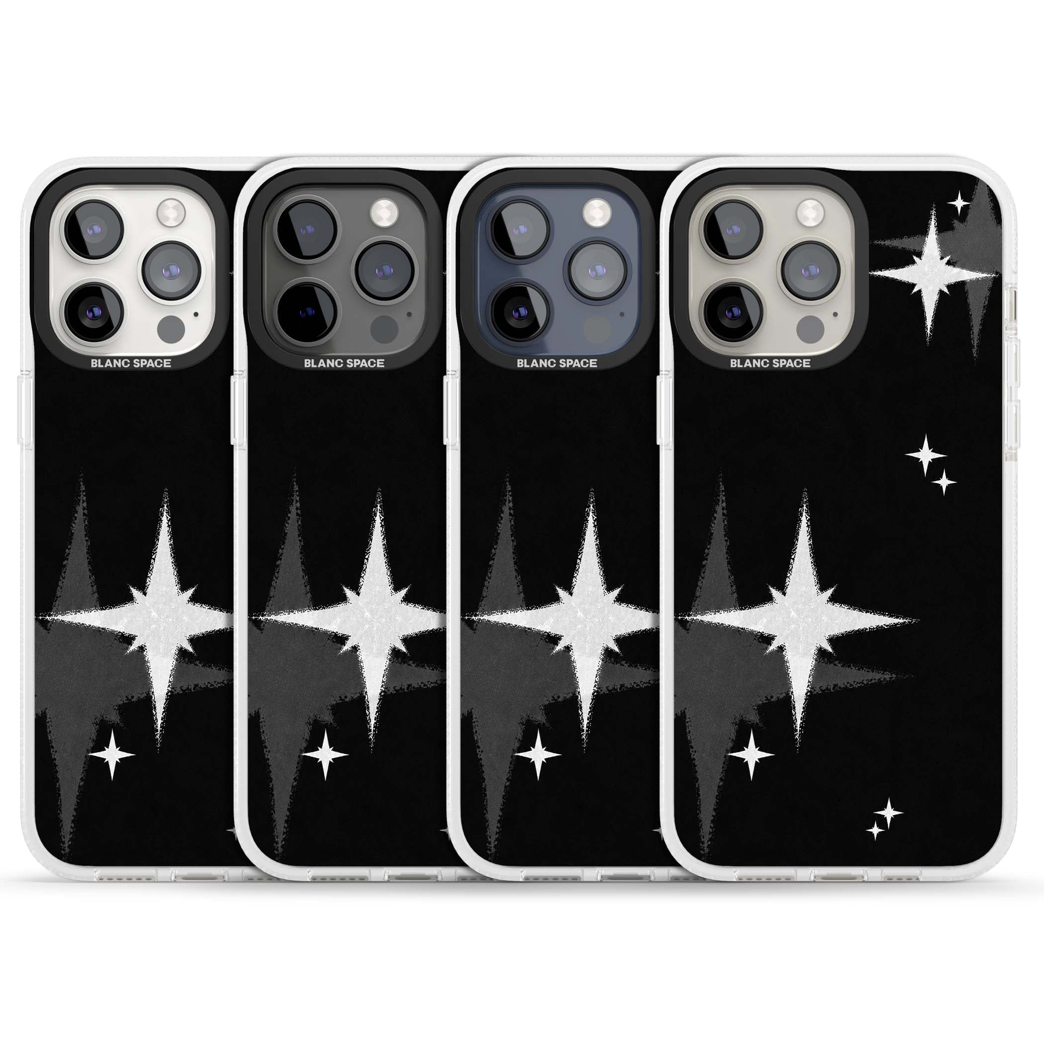 Black Sparkle celestial iPhone case featuring white sparkle stars on a black night sky background | Clear Case Impact Air case for iPhone 15 Pro, iPhone 15 Pro Max