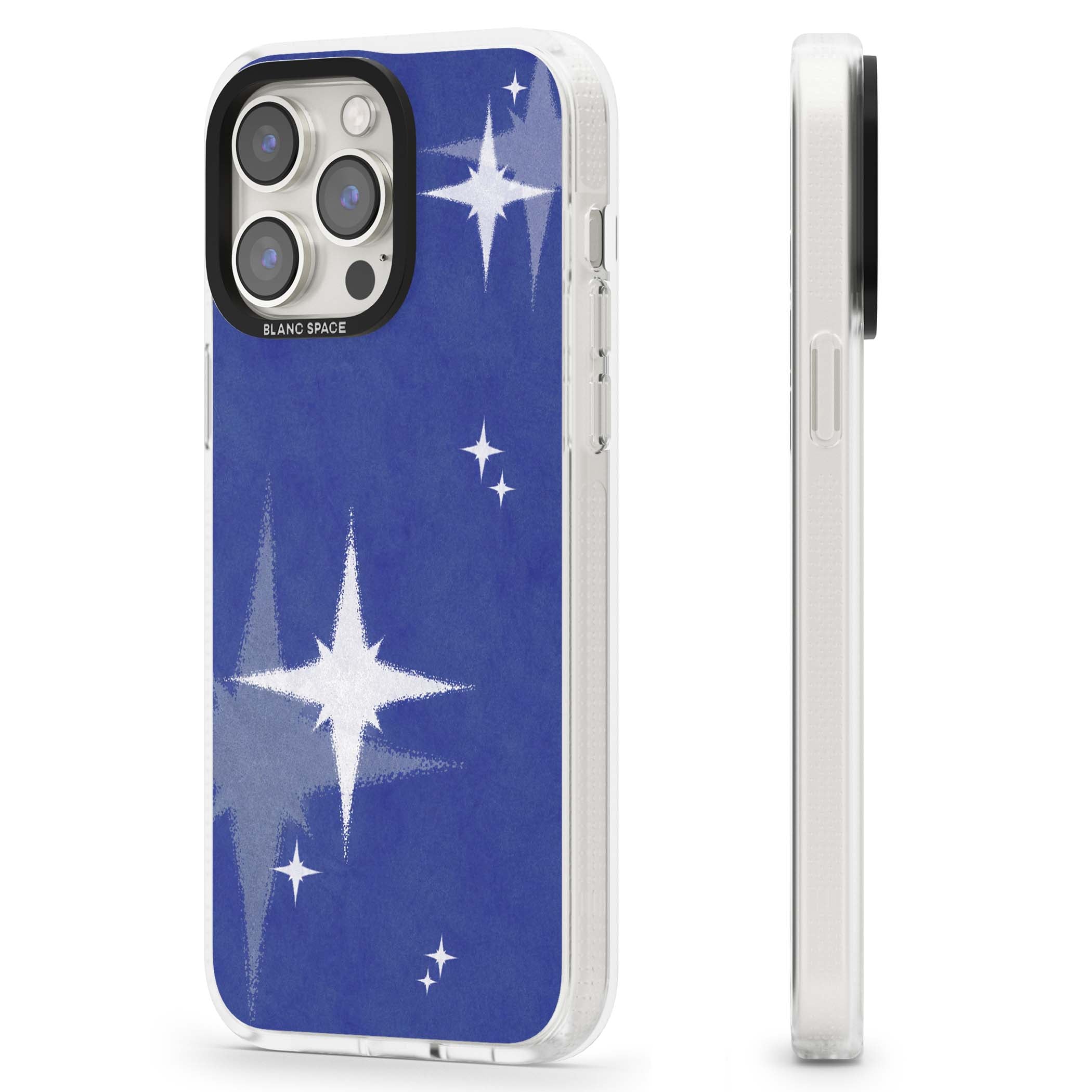 Blue Sparkle celestial iPhone case featuring sparkling silver stars on a deep blue painterly night sky | Clear Case Impact Air case for iPhone 15 Pro, iPhone 15 Pro Max