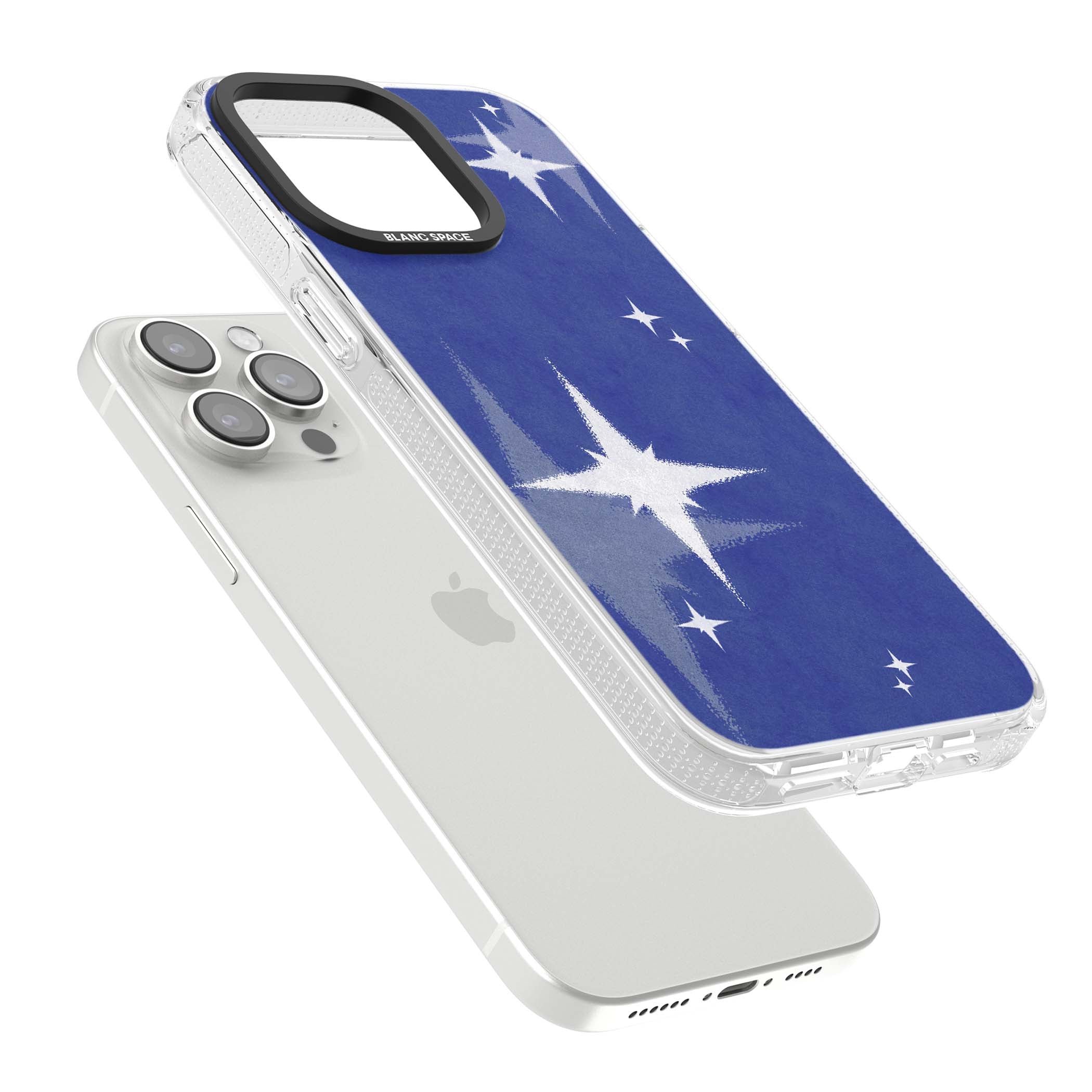 Blue Sparkle celestial iPhone case featuring sparkling silver stars on a deep blue painterly night sky | Clear Case Impact Air case for iPhone 15 Pro, iPhone 15 Pro Max