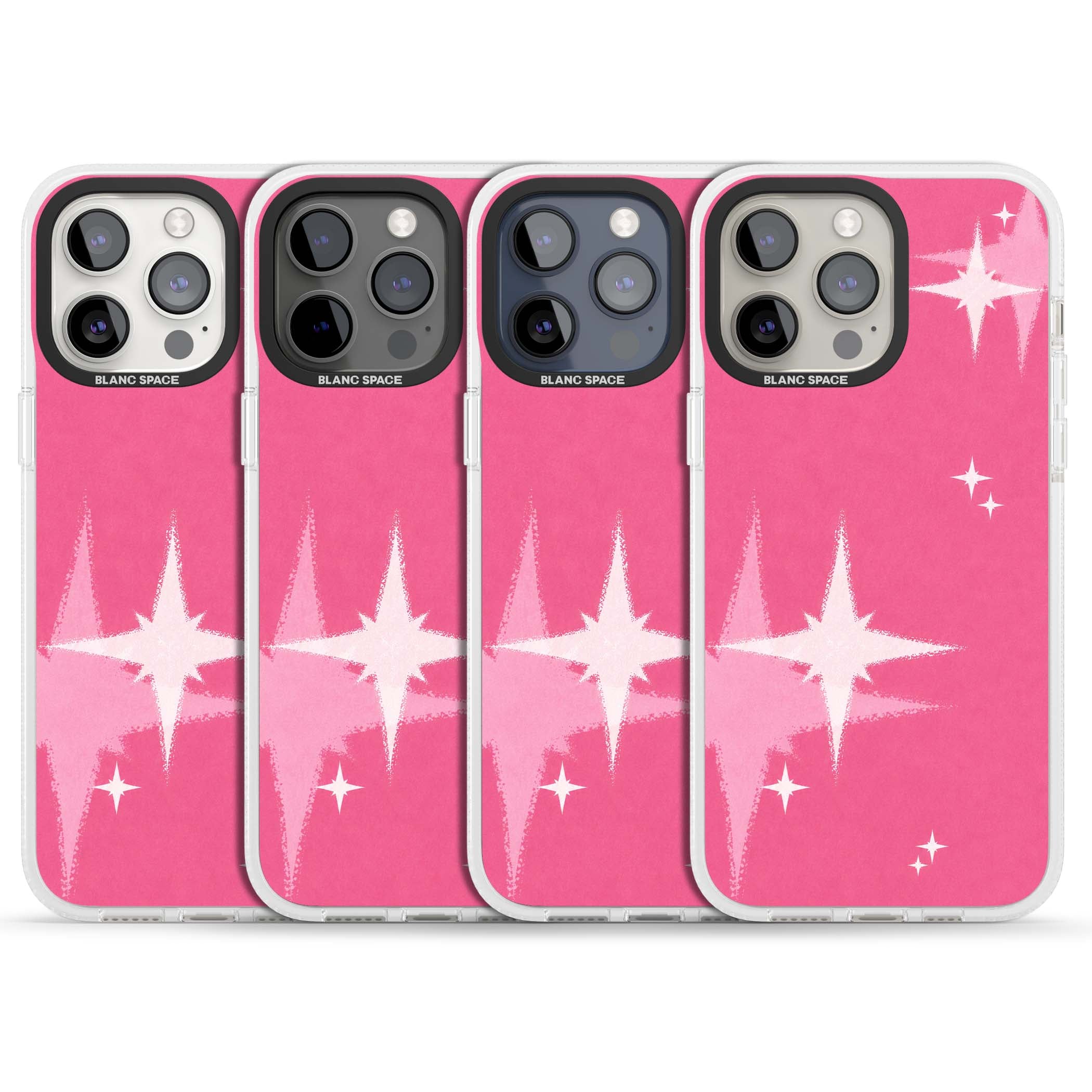 Pink Sparkle Y2K iPhone case featuring hot pink background with shimmering white starburst pattern | Clear Case Impact Air case for iPhone 15 Pro, iPhone 15 Pro Max