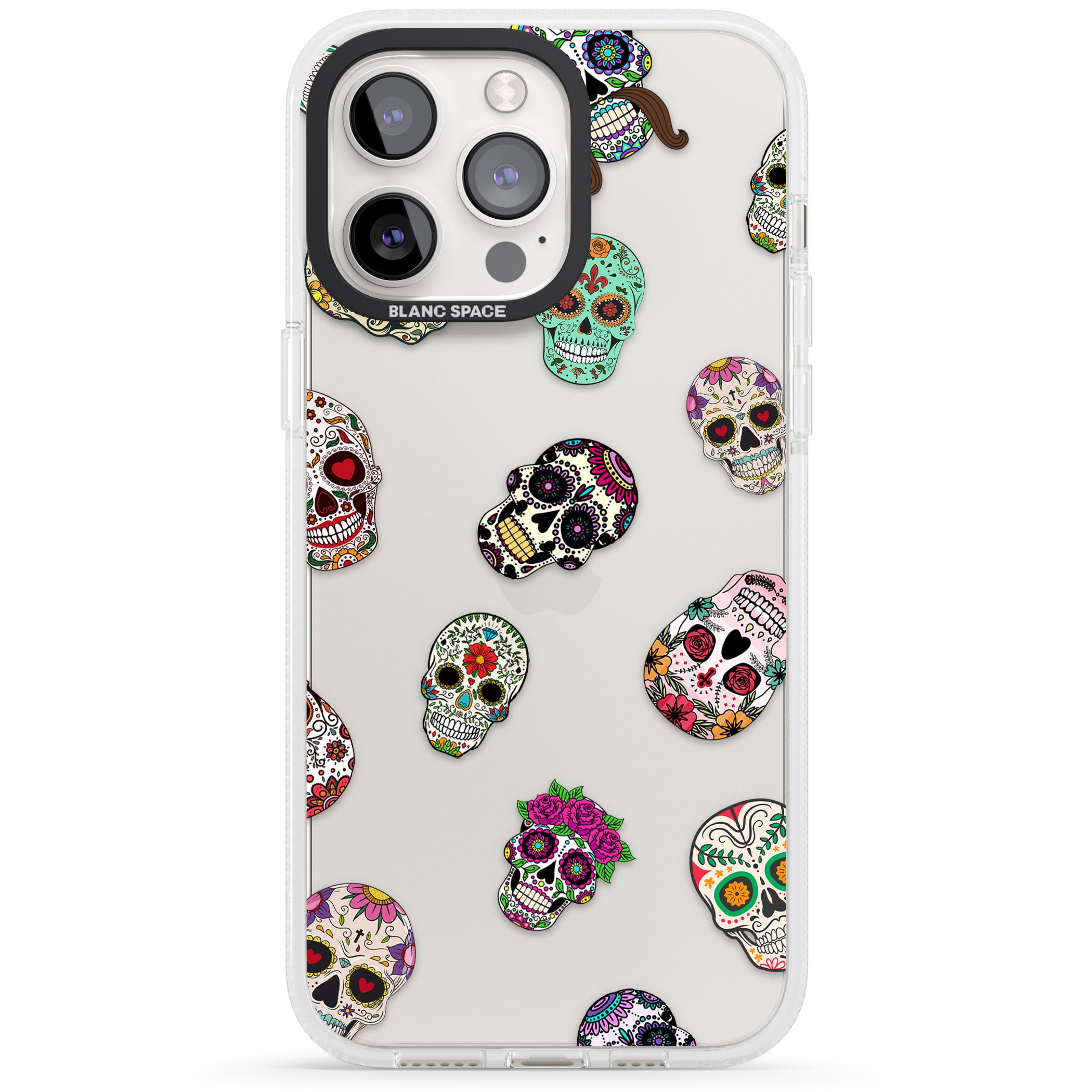 Mixed Sugar Skull Pattern iPhone 15 Pro Max / 15 Pro / 14 Pro Max / 14 Pro / 13 Pro Clear Case Impact Air - Blanc Space