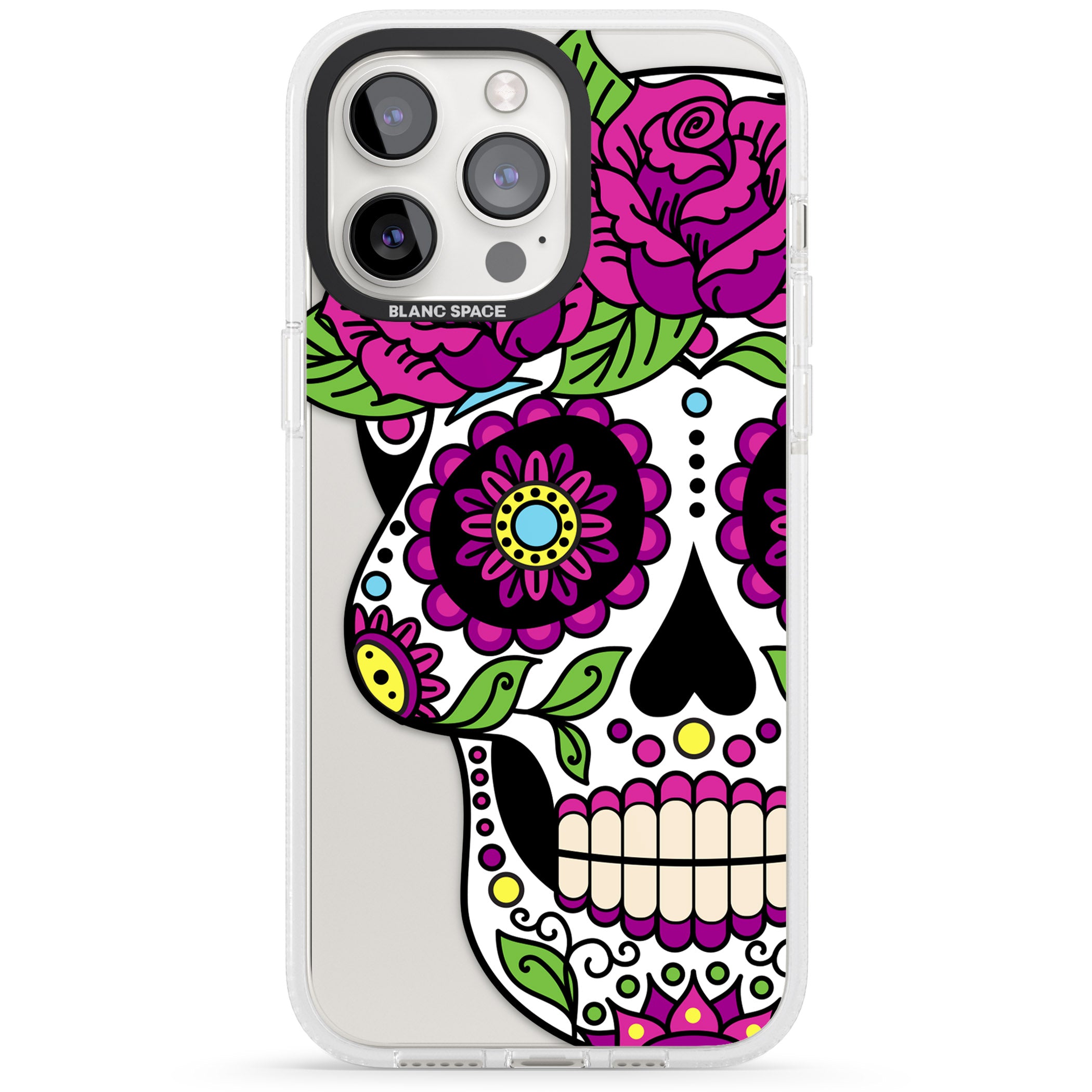 Purple Floral Sugar Skull iPhone 15 Pro Max / 15 Pro / 14 Pro Max / 14 Pro / 13 Pro Clear Case Impact Air - Blanc Space