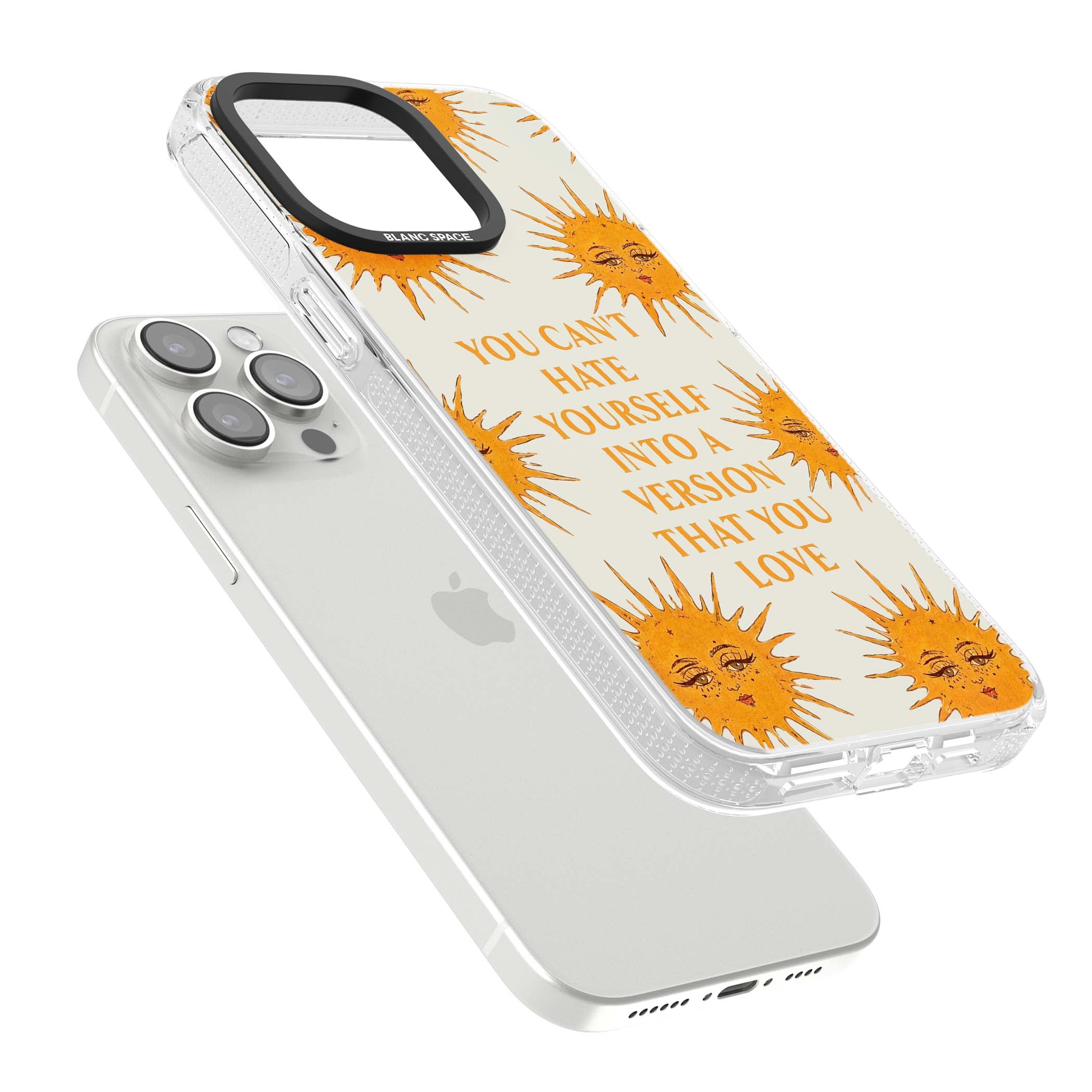 Don't Hate Yourself celestial iPhone case featuring vintage sun faces, ochre rays and a self-love quote | Clear Case Impact Air case for iPhone 15 Pro, iPhone 15 Pro Max