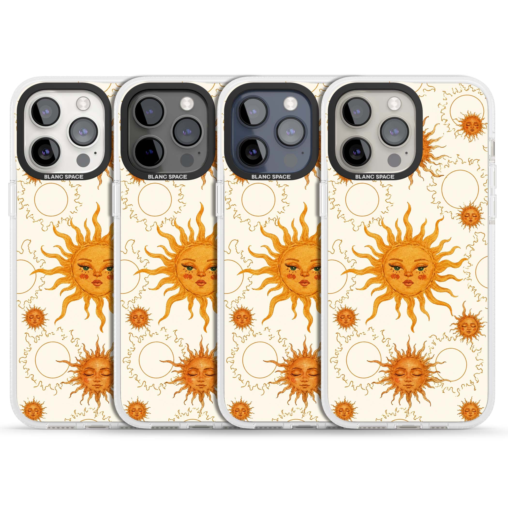 Solstice Muse celestial iPhone case featuring hand-painted golden sun faces, closed-eye sun goddesses and outlined moons... | Clear Case Impact Air case for iPhone 15 Pro, iPhone 15 Pro Max