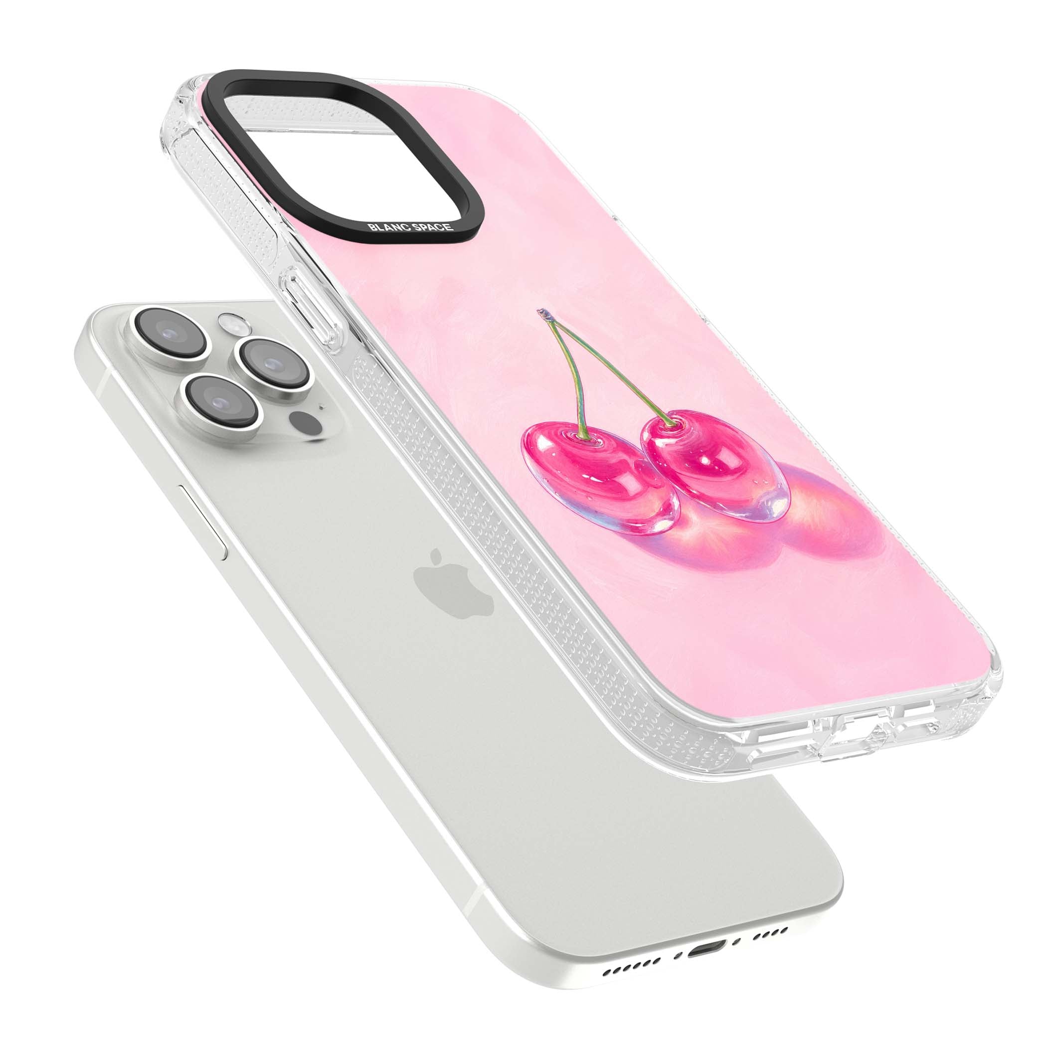 Pink Glass Cherry coquette iPhone case featuring two glossy painted cherries on a soft pink background | Clear Case Impact Air case for iPhone 15 Pro, iPhone 15 Pro Max