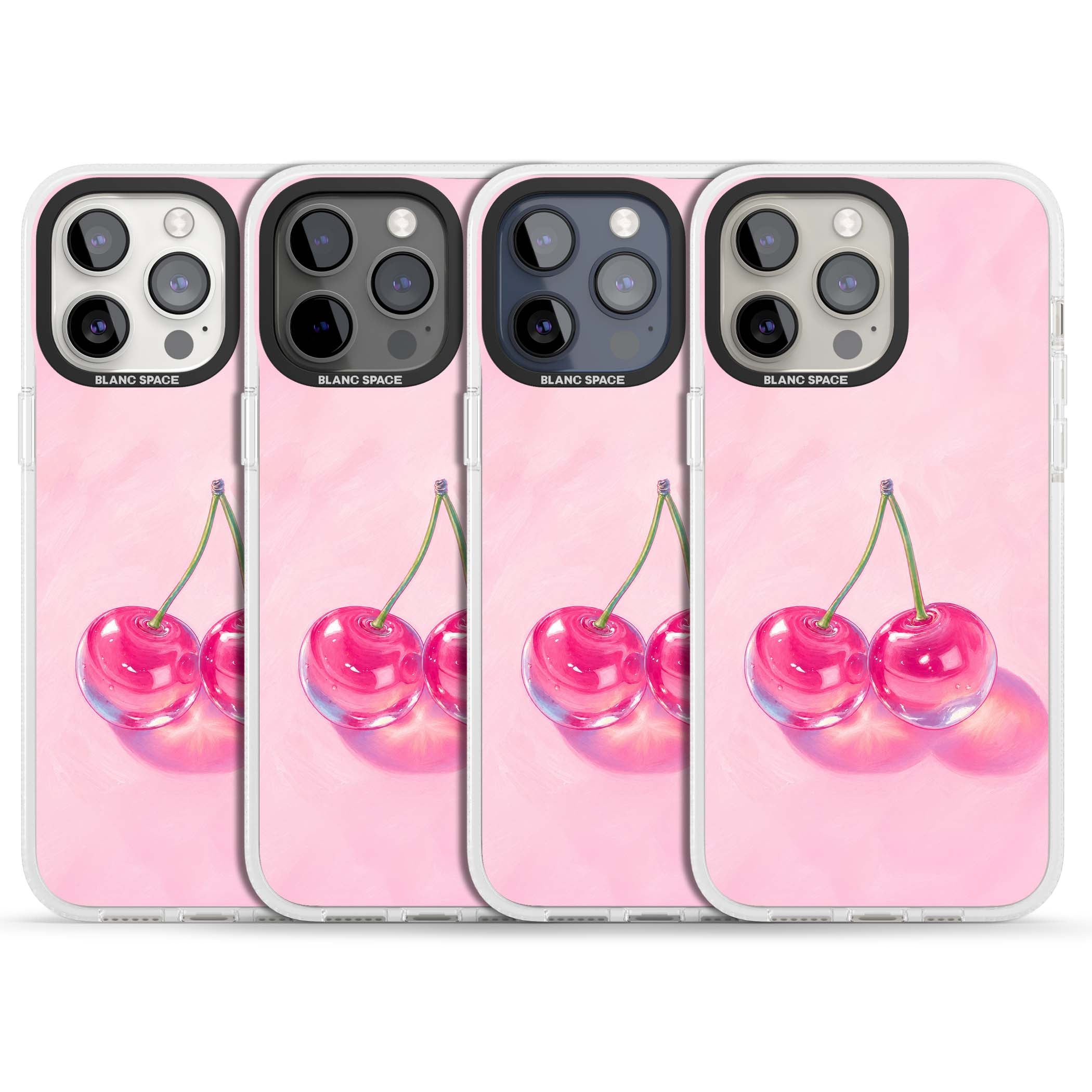 Pink Glass Cherry coquette iPhone case featuring two glossy painted cherries on a soft pink background | Clear Case Impact Air case for iPhone 15 Pro, iPhone 15 Pro Max