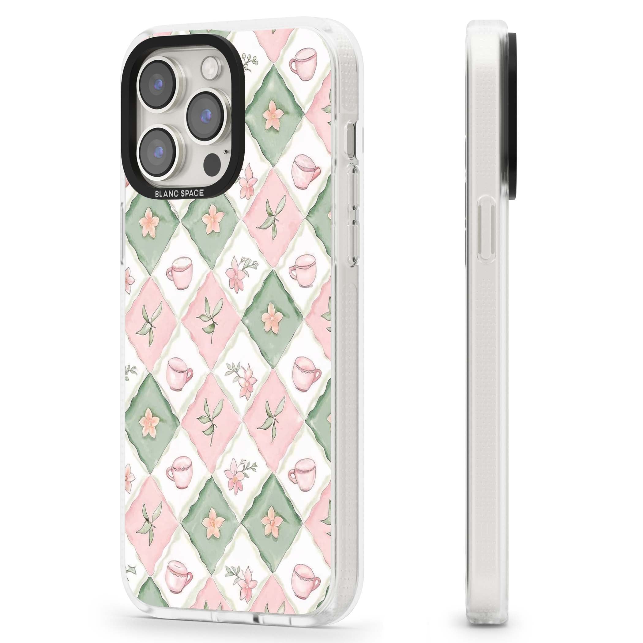 Garden Tea Party coquette iPhone case with pink and green checkered pattern, watercolour teacups and wildflowers | Clear Case Impact Air case for iPhone 15 Pro, iPhone 15 Pro Max