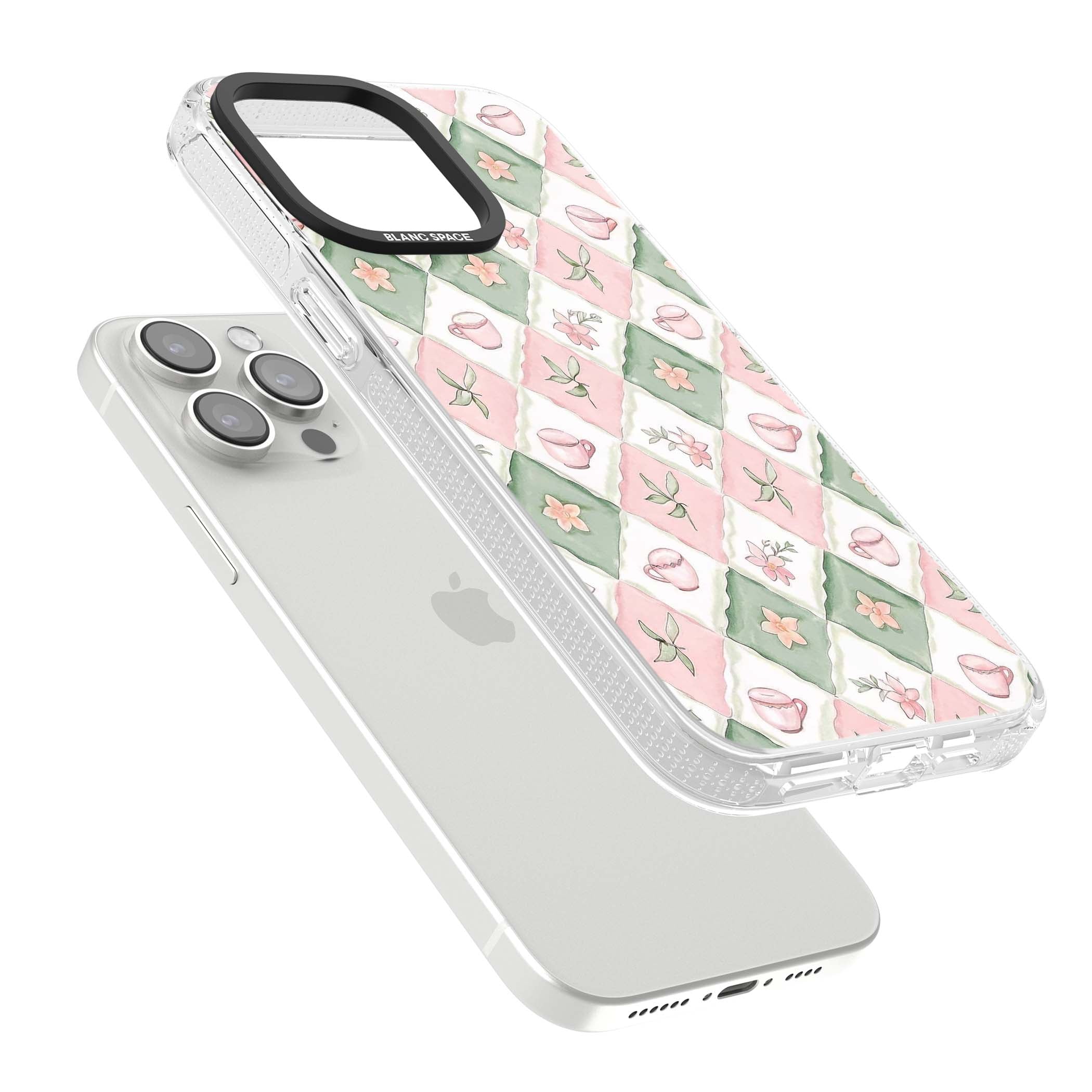 Garden Tea Party coquette iPhone case with pink and green checkered pattern, watercolour teacups and wildflowers | Clear Case Impact Air case for iPhone 15 Pro, iPhone 15 Pro Max