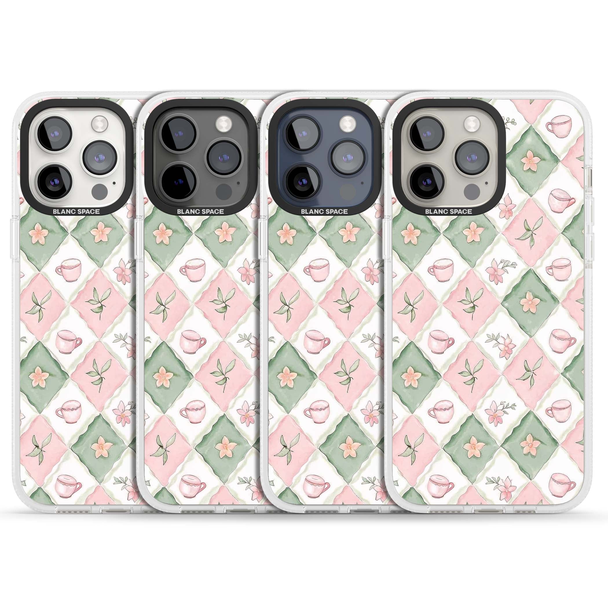 Garden Tea Party coquette iPhone case with pink and green checkered pattern, watercolour teacups and wildflowers | Clear Case Impact Air case for iPhone 15 Pro, iPhone 15 Pro Max