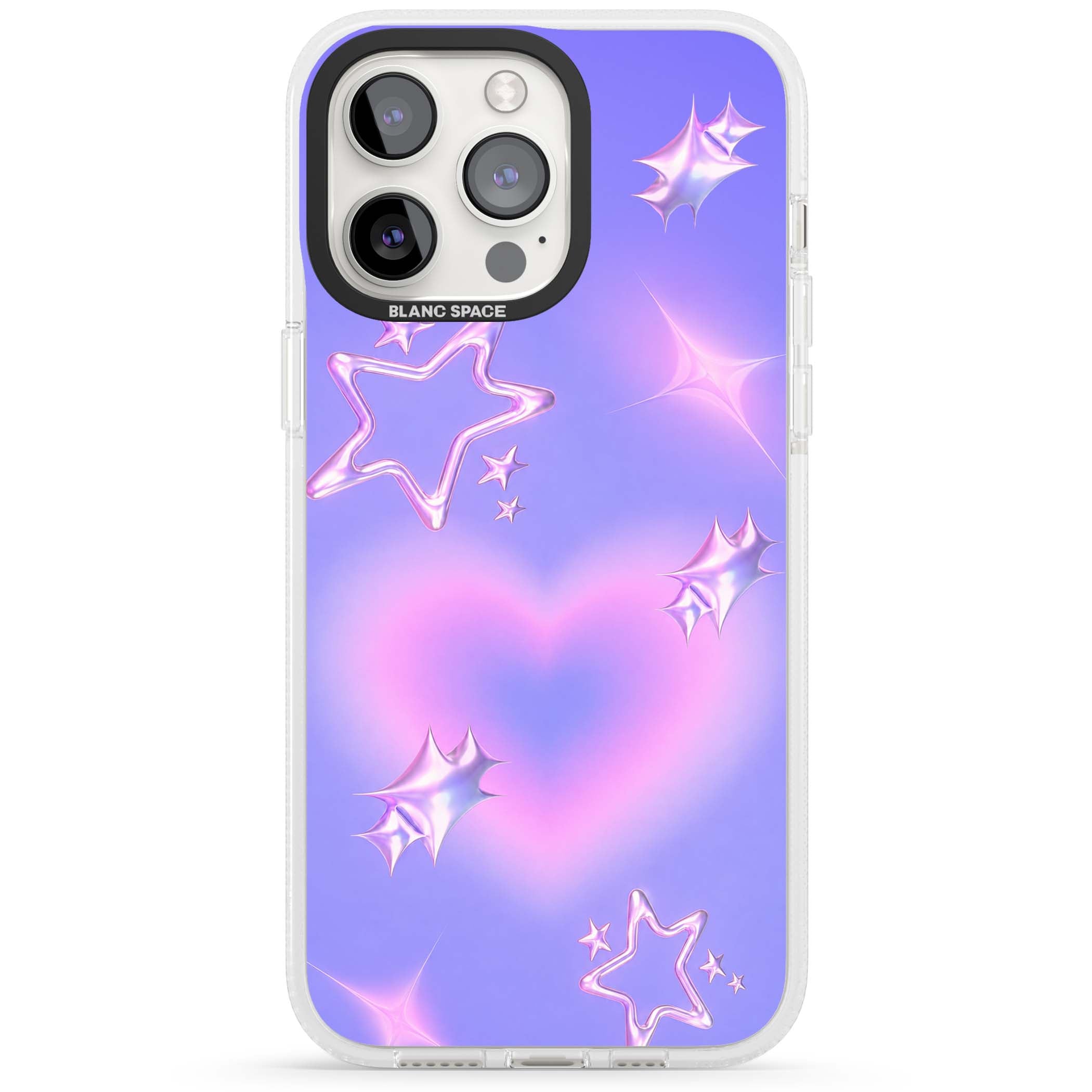 Soft Sugar Y2K iPhone case featuring iridescent chrome hearts, metallic pink stars and a lavender gradient sky | Clear Case Impact Air case for iPhone 15 Pro, iPhone 15 Pro Max