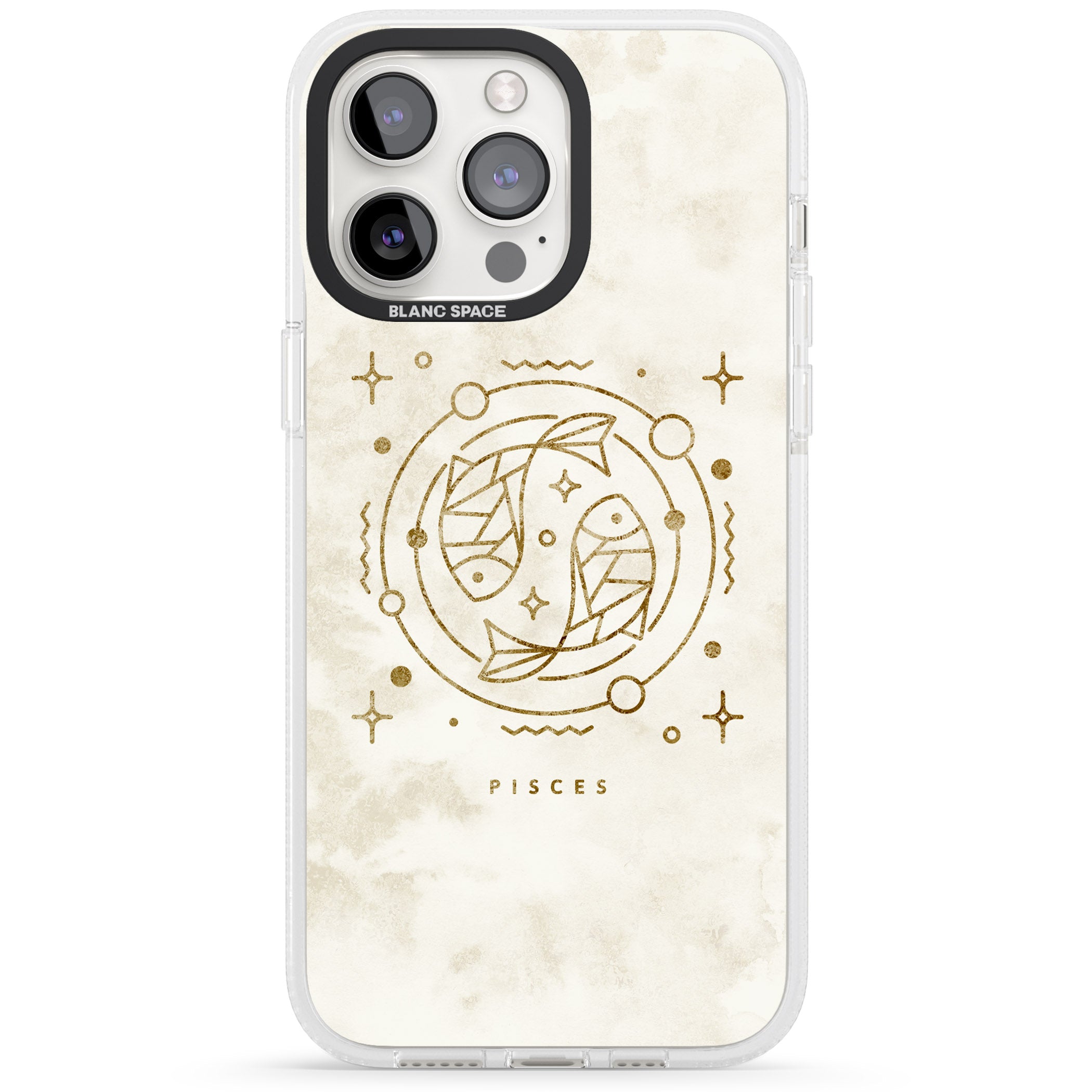 Pisces Emblem - Solid Gold Marbled Design iPhone 15 Pro Max / 15 Pro / 14 Pro Max / 14 Pro / 13 Pro Clear Case Impact Air - Blanc Space