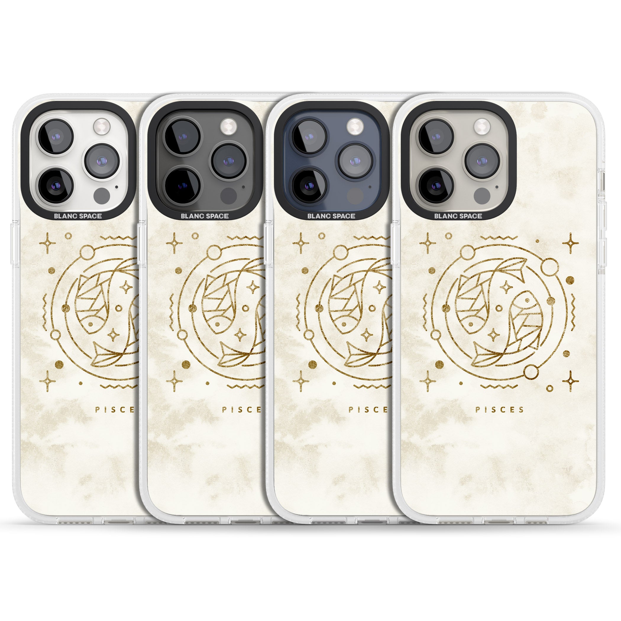 Pisces Emblem - Solid Gold Marbled Design iPhone 15 Pro Max / 15 Pro / 14 Pro Max / 14 Pro / 13 Pro Clear Case Impact Air - Blanc Space