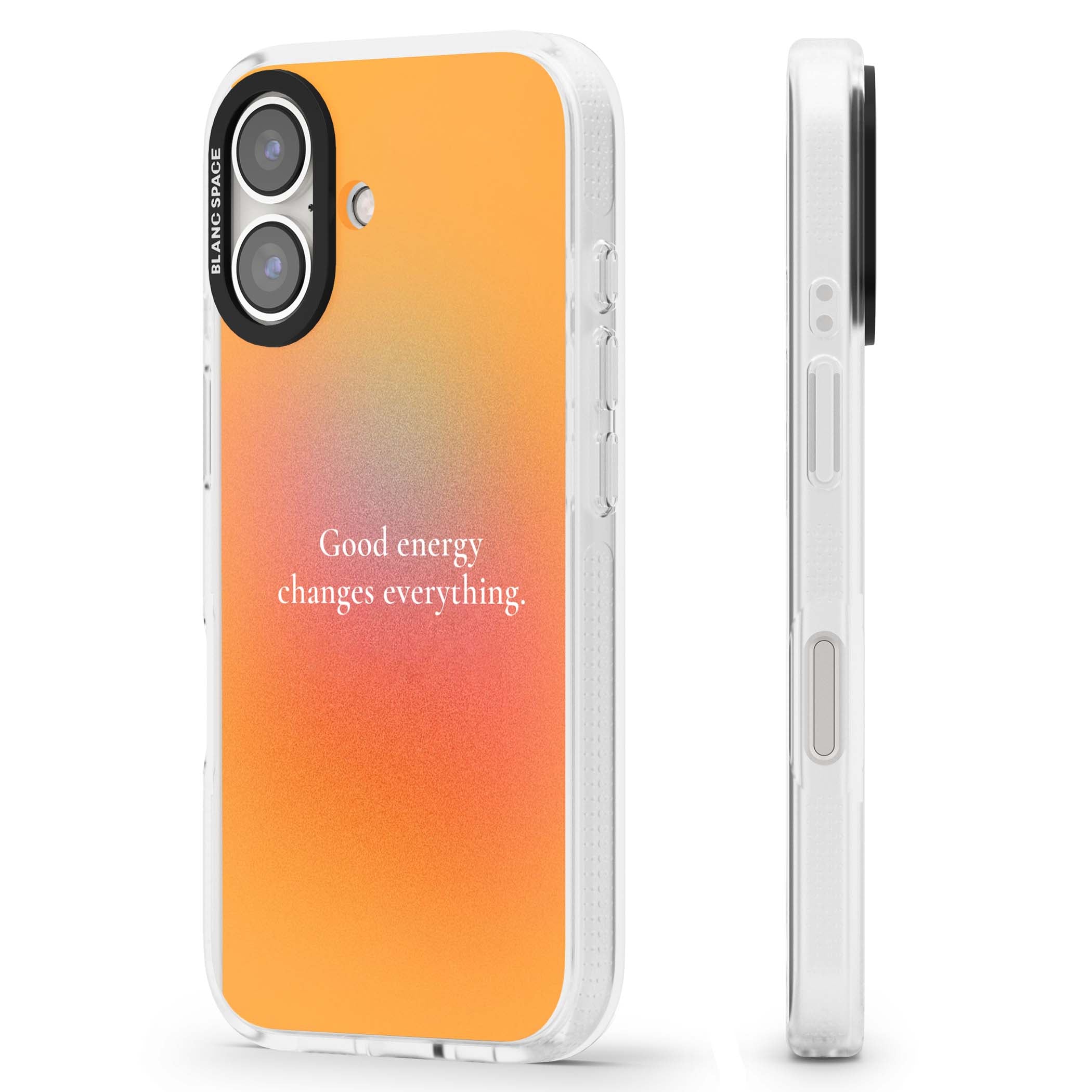 Good Energy quote iPhone case featuring an orange and pink aura gradient with white serif affirmation text | Clear Case Impact Air case for iPhone 16, iPhone 16 Plus