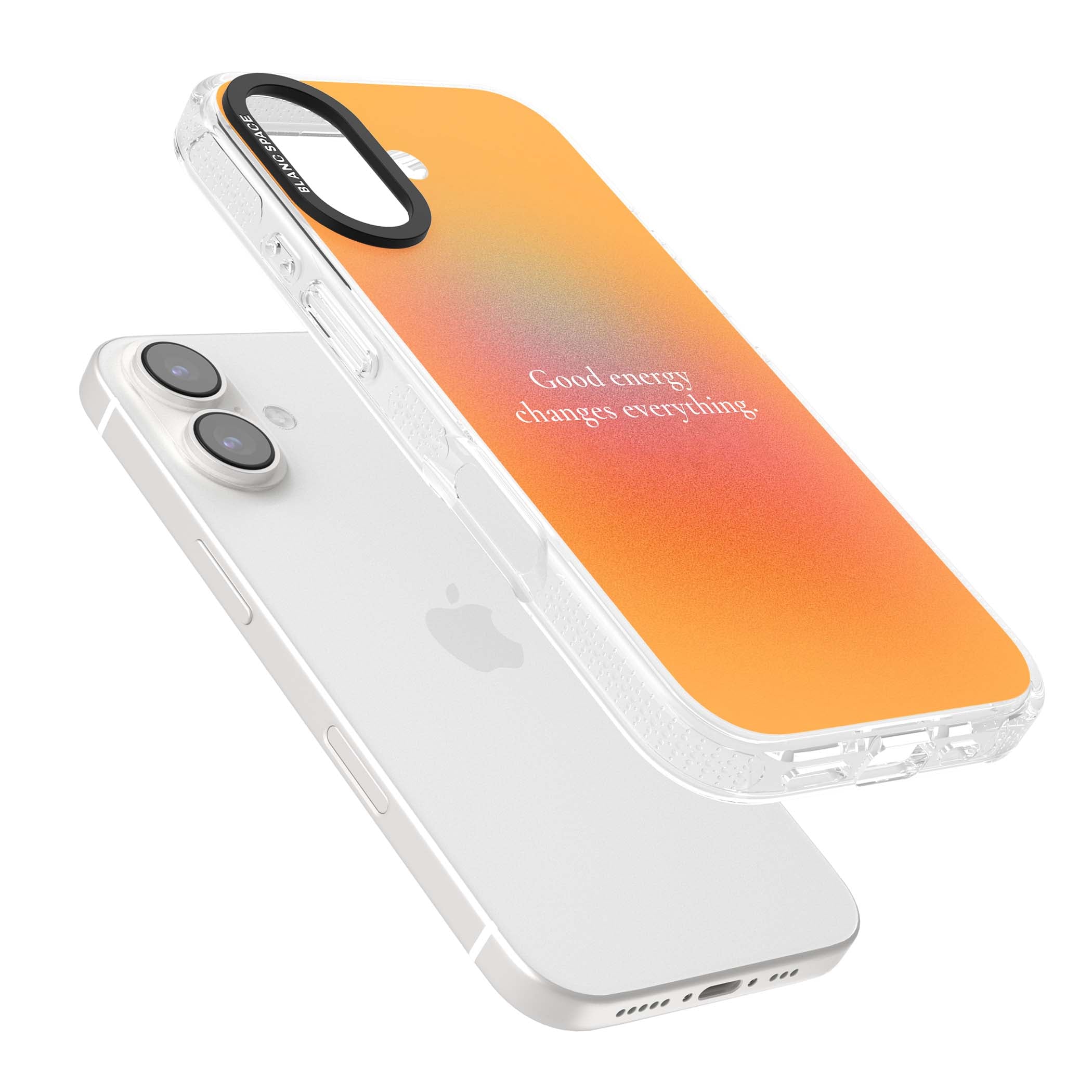 Good Energy quote iPhone case featuring an orange and pink aura gradient with white serif affirmation text | Clear Case Impact Air case for iPhone 16, iPhone 16 Plus